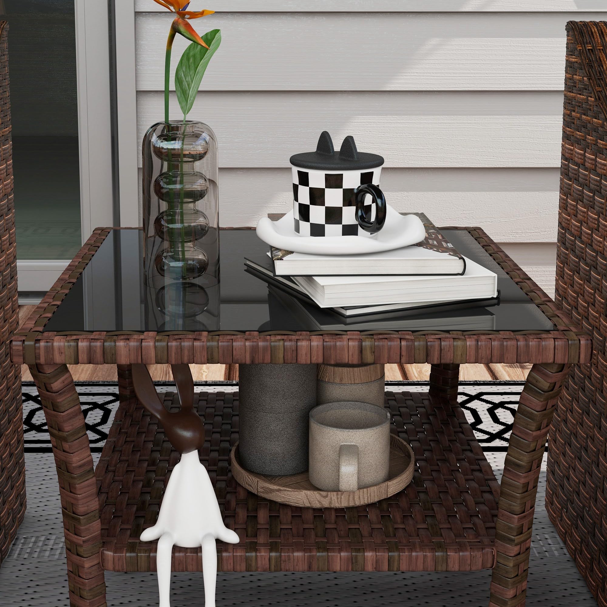 Outsunny Mesa de Ratán Sintético Cuadrada 50x50x45 cm con Estante Marrón | Mesita Exterior Pequeña, Encimera de Vidrio y Marco de Acero, Carga 30 kg, para Terraza Patio
