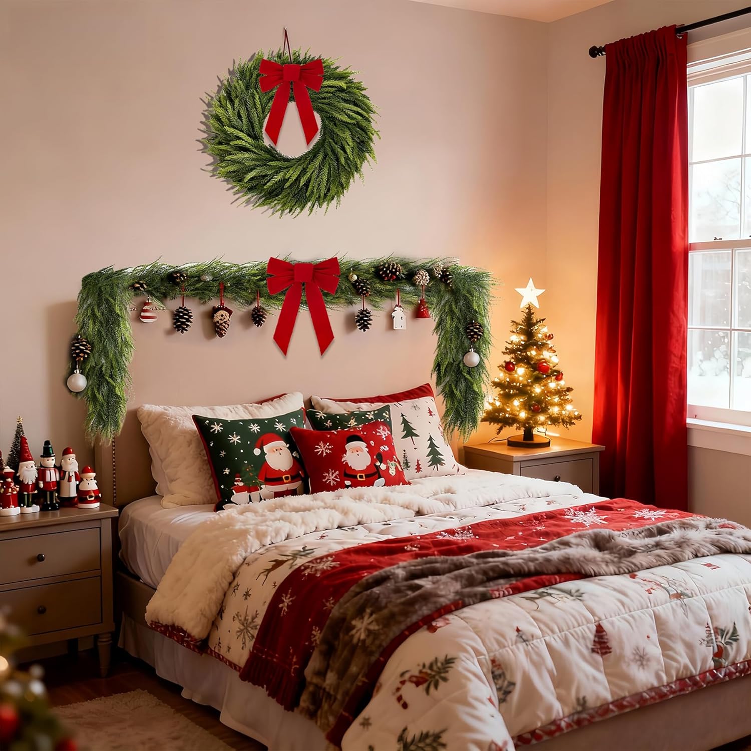 9FT Artificial Norfolk Pine Garland Includes 3 Red Bows, Real Touch Faux Greenery Garland for Home, Wedding, Party Decor - Mantle, Staircase, Indoor Outdoor - Image 5