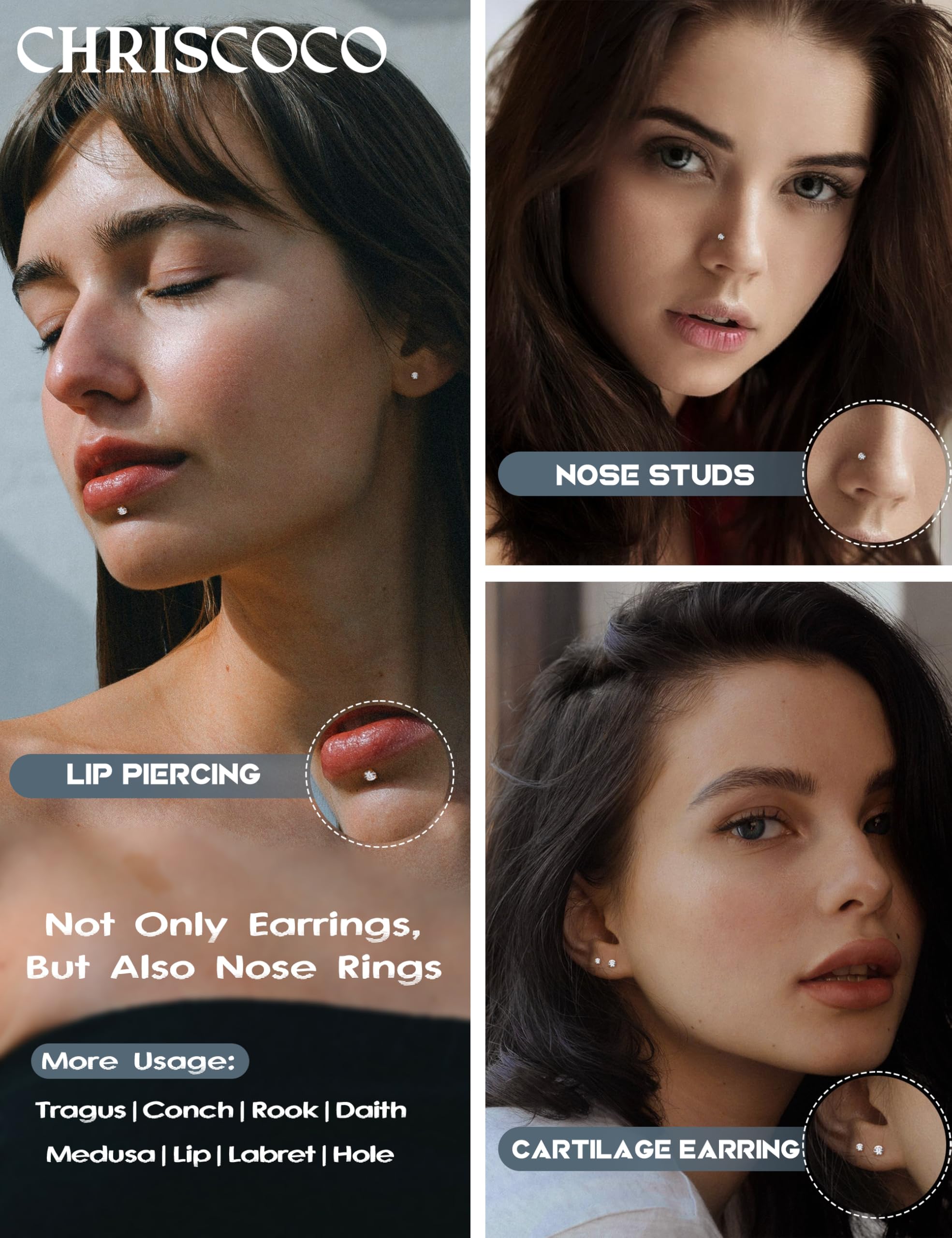Chriscoco 4-8 sztuk G23 Titan Helix piercing do nosa, wargi, tragus, conch, labret, meduza, złoty, srebrny, do chrząstki, 16 g/18 g/20 g