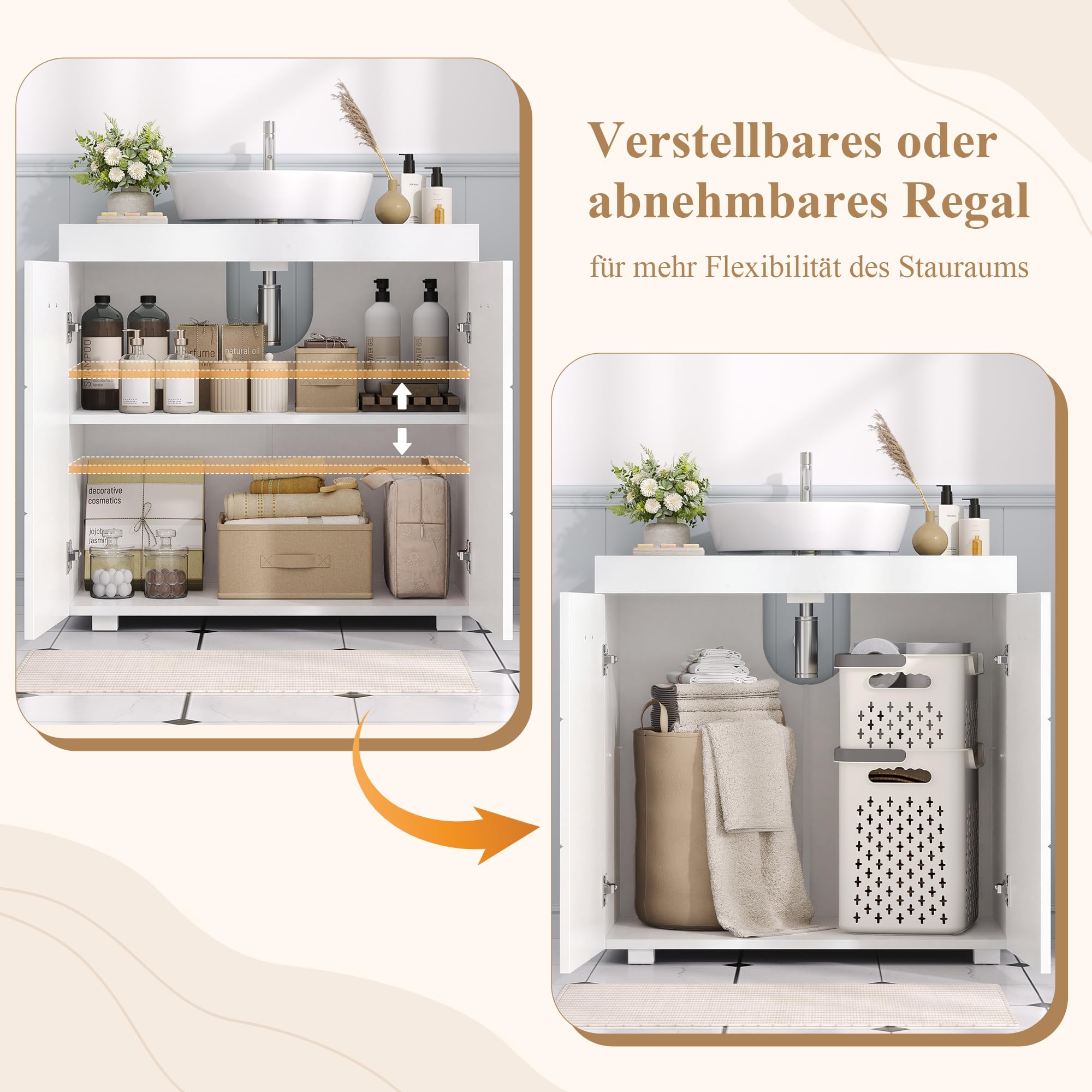 FOREHILL Waschbeckenunterschrank Unterschrank Badezimmerschrank mit 2 Türen und 2 Ablagen, 60x31x60cm, für Badezimmer, weiß