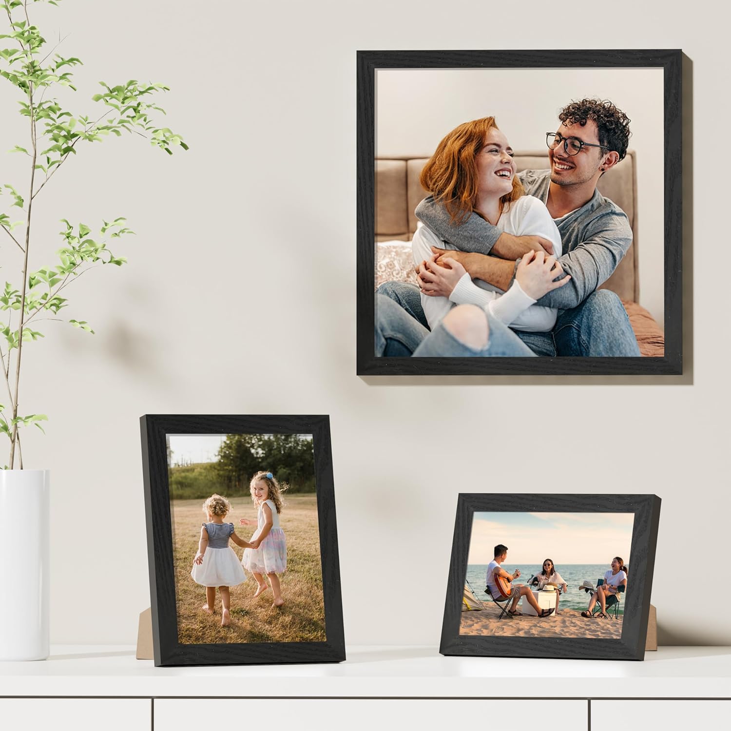 Vittanly 12x12 Picture Frames Set of 9, Shatter Resistant Plexiglass, Display 8x8 Pictures with Mat or 12x12 without Mat, Photo Frames for Wall Mount, Engineered Wood, Black