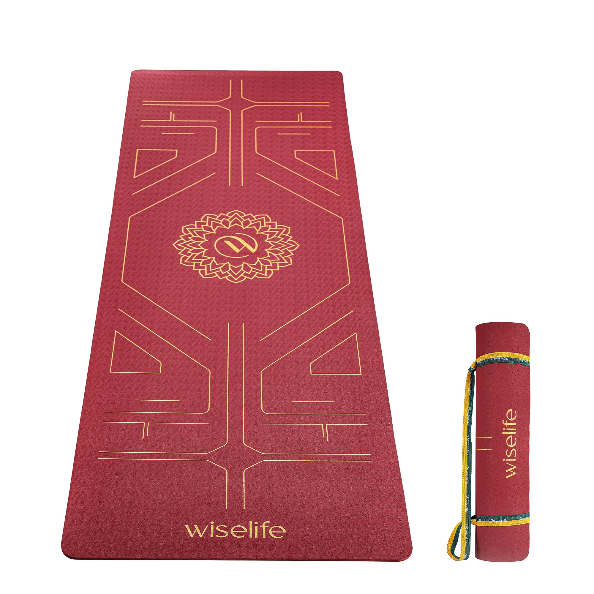 Wiselife True Body Alignment Yoga Mat + Sleek Yoga Strap For Men And Women | Non-Slip Textured Extra Wide & Thick | Pro Balance Eco Tpe Exercise Mat For Home, Pilates, Gym & Fitness (6MM, Wine)
