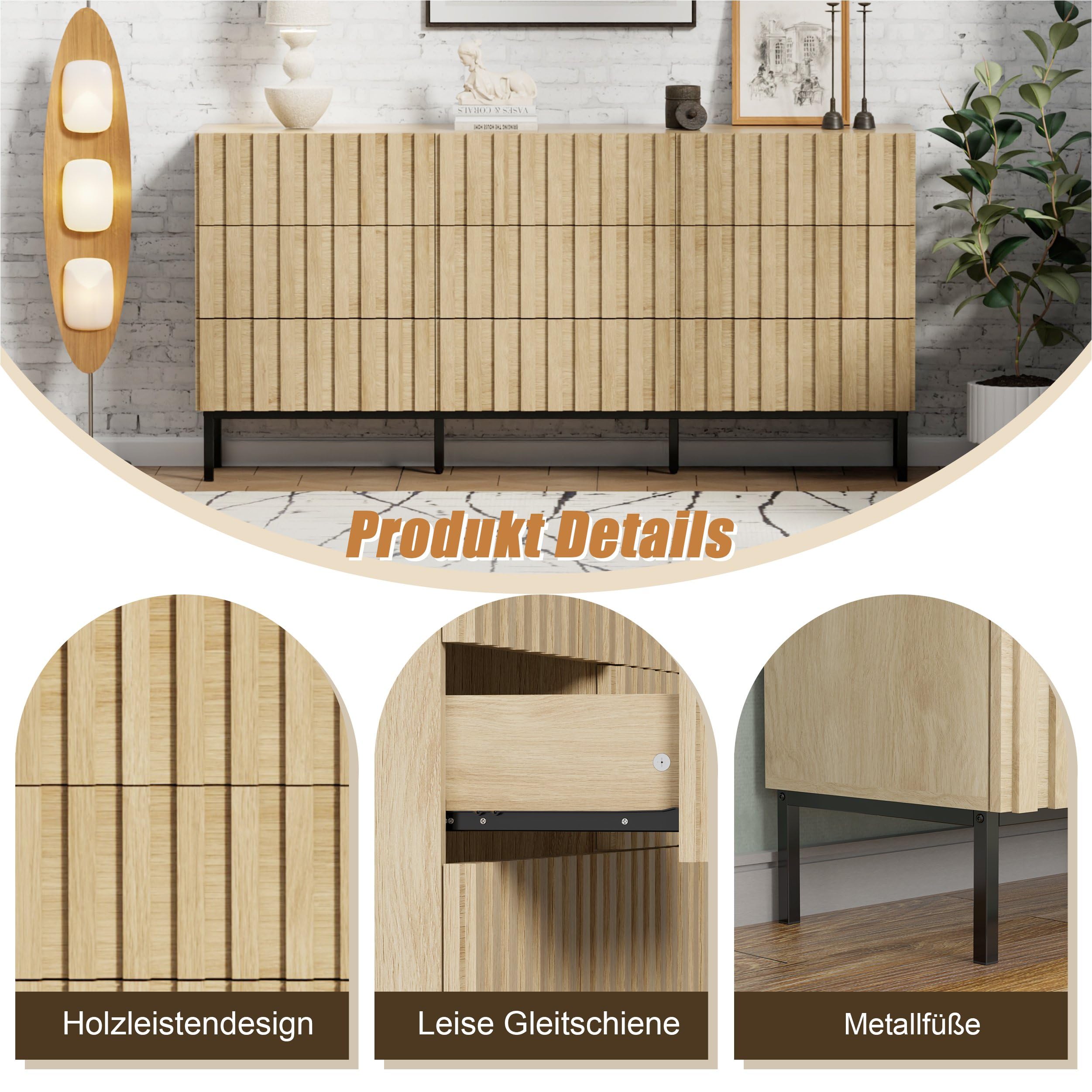UEV Set mit 3 Schlafzimmermöbeln, 1 Kommode mit 9 Schubladen, 2 Nachttische, großer Stauraum, geräumige Decke, für Wohnzimmer, Schlafzimmer, Holzmuster, Metallbeine, Natur
