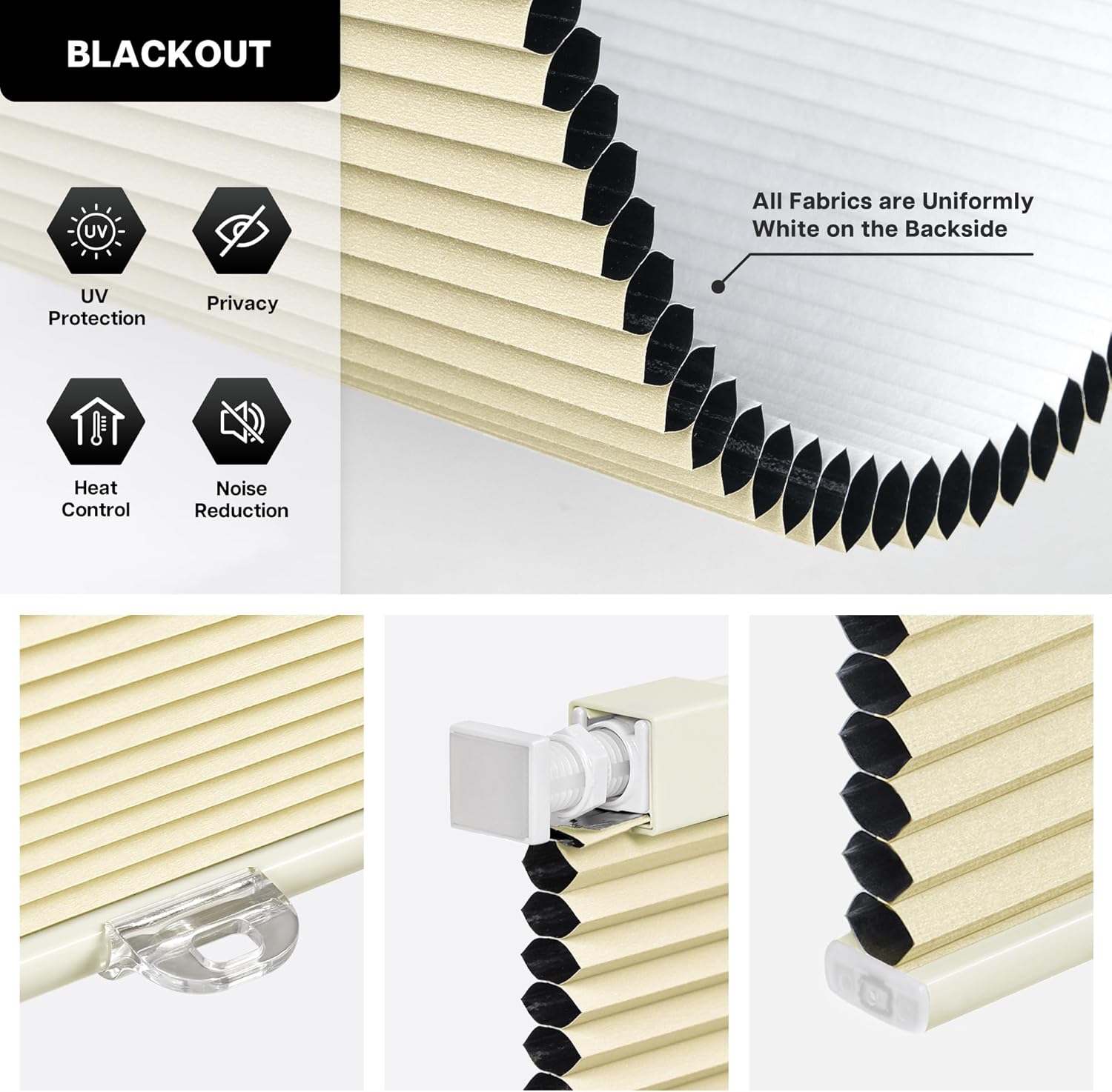 LazBlinds Cordless Cellular Shades, No Tools No Drill Blackout Honeycomb Shades Pleated Blinds for Windows, 46 W x 64 H, Soft Cream