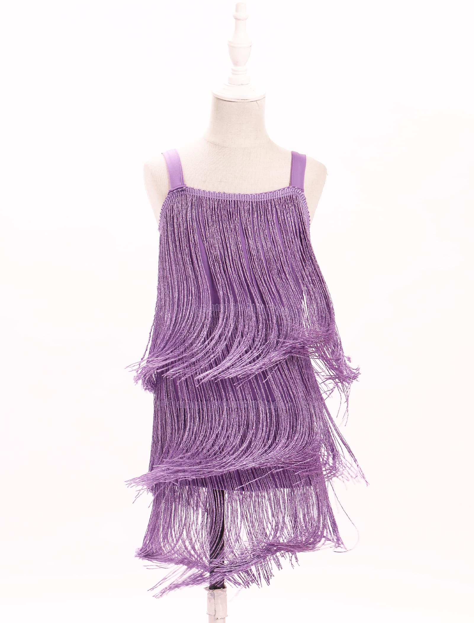 AFAVOM Toddler Girls Latin Dance Tassel Dress Sleeveless Fringe Cami Salsa Dress Dancewear 1920s Flapper Ballroom Dress Cha Cha Rumba Dancing Dress Kids Tango Samba Swing Dress Purple 4-5 Years