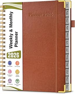 2026 Planner, Hardcover Leather Weekly and Monthly Planner, January 2026 - December 2026, Spiral Yearly Agenda Organizer Book 2026 with Tabs, Daily Calendar Planners for School Work Home, A4 (8.5" x 11"), Brown