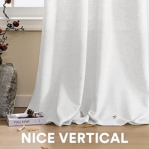 PrinceDeco Linen Curtains with Attached Valance for Living Room, Light Filtering Farmhouse Semi-Sheer Treatments Rod Pocket/Ring Top for Bedroom, 2 Panels Set - W52 x L108 Inch, White