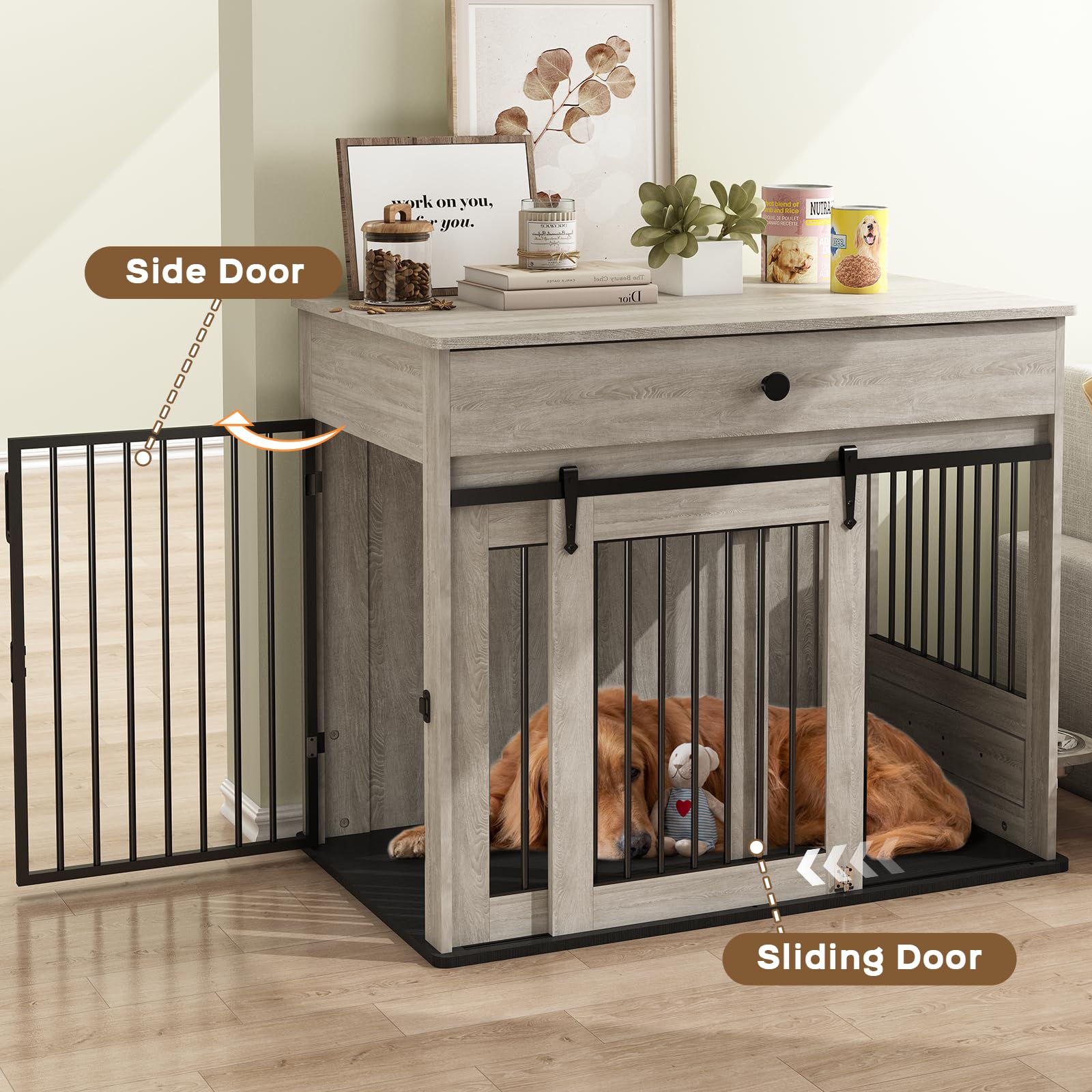 Cage pour Chien, Caisse pour Animaux de Style Meuble avec Portes Coulissantes, Niche D'intérieur en Bois avec Tiroir, Maison pour Chien avec Gamelle Pivotante à 360°, Gris
