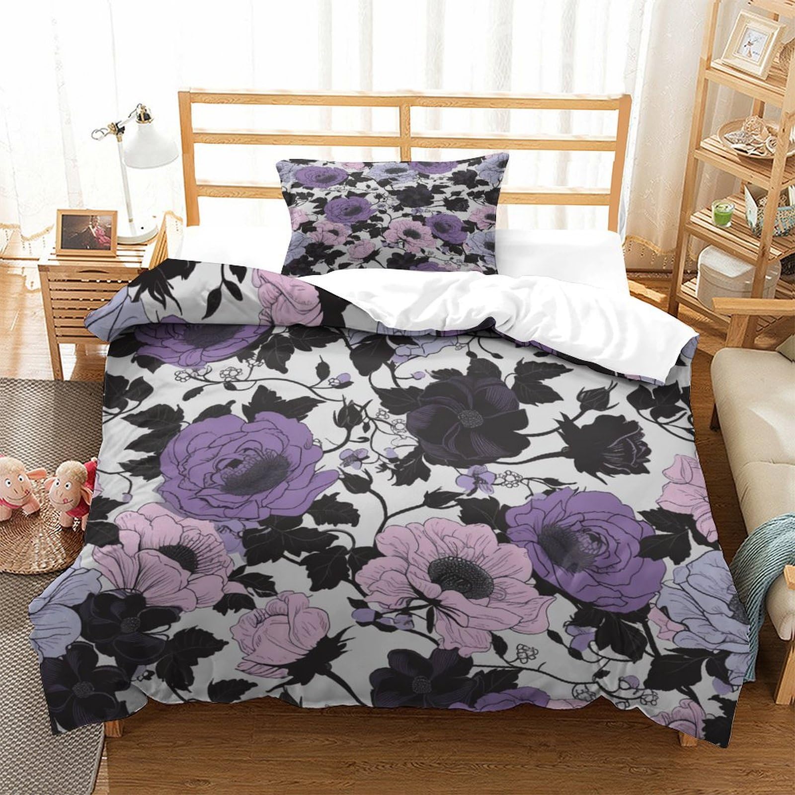 P1S9U7W5Y Romantic Floral 3D Printed Duvet Cover Set 3 Pieces Microfiber Bedroom Decor Flower Bedding Set Soft Breathable Single（135x200cm）