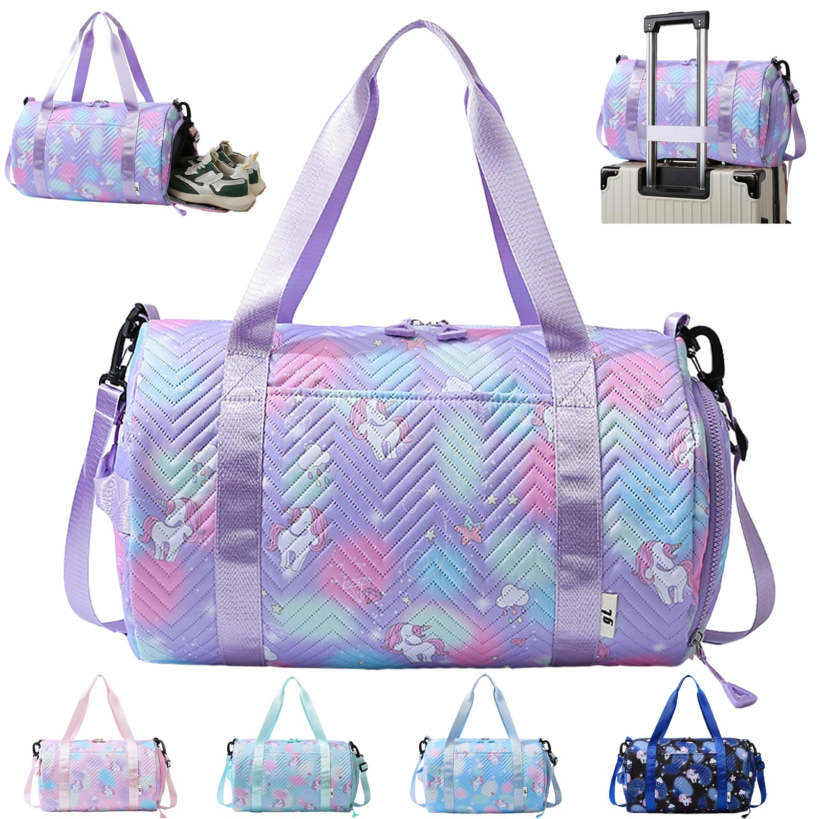 YOUYIKE Small Gym Bag for Girls, Unicorn Travel Bags, Swim with Shoes Compartment & Waterproof Pocket, Waterproof Dance Bag, for Girls Fitness Workout, Travel, Dance, Ballet, Swim, Purple