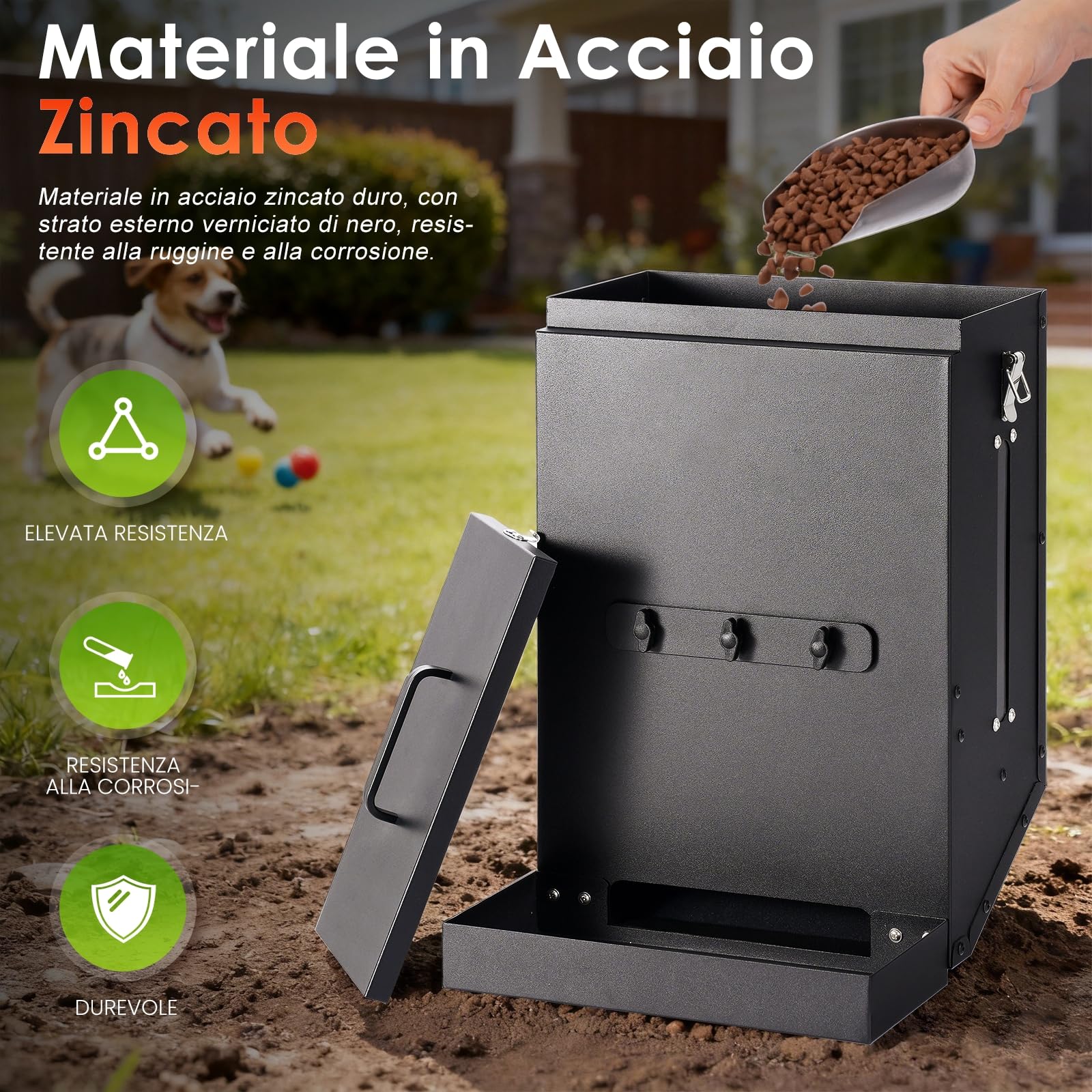 Distributore Automatico di Cibo per Cane in Acciaio Zincato a Sospensione, Distributore Automatico per Animali Domestici a Gravità per Esterno, Grande Capacità da 16 L per Gatti Canie Conigli