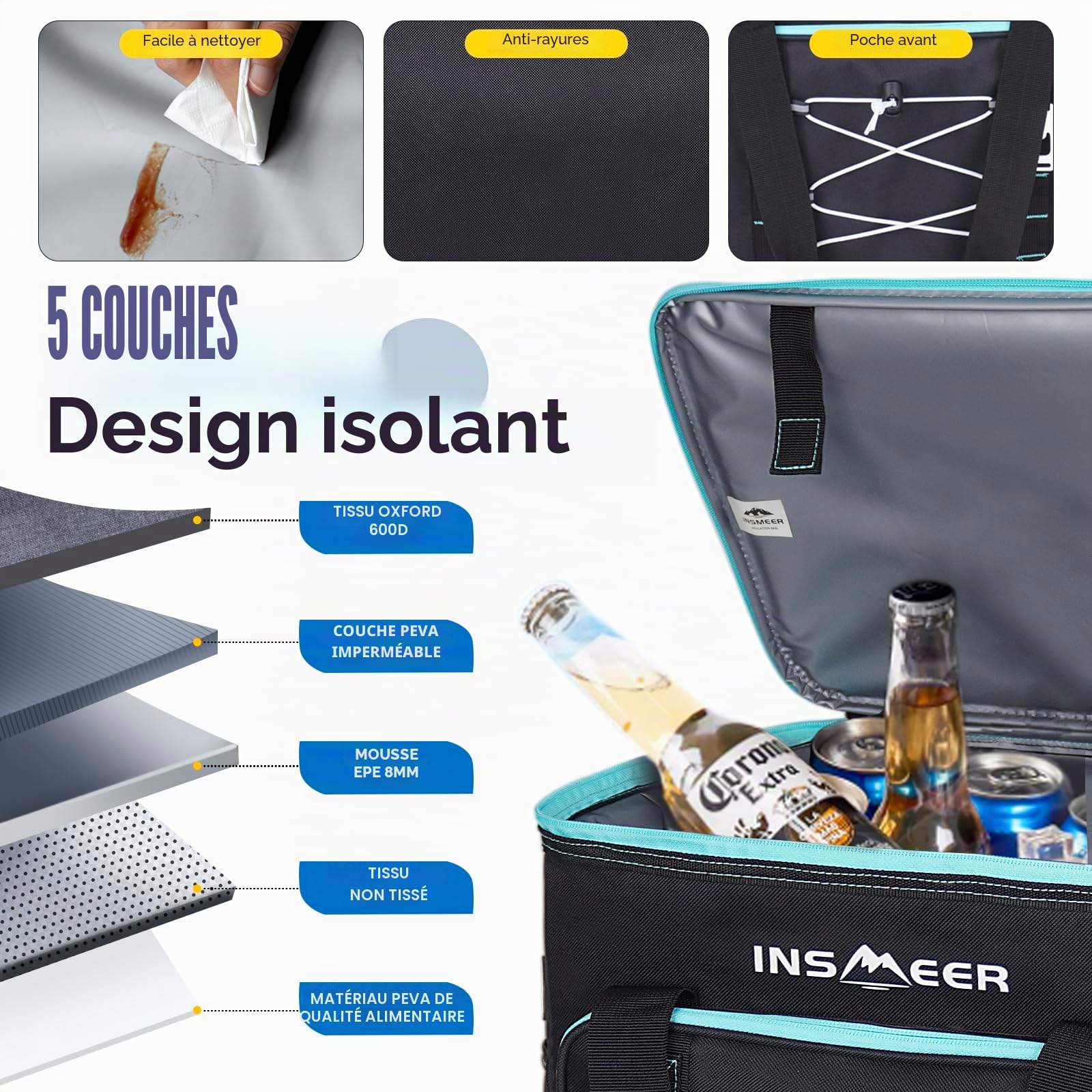 INSMEER Cool Bag 40L/60 Cans Large Cool Bags Insulated,Soft Cooler Leakproof/Portable/Collapsible/Foldable Cooler Bag, with Bottle Opener&Removable Shoulder Strap, for Beach Camping Picnic