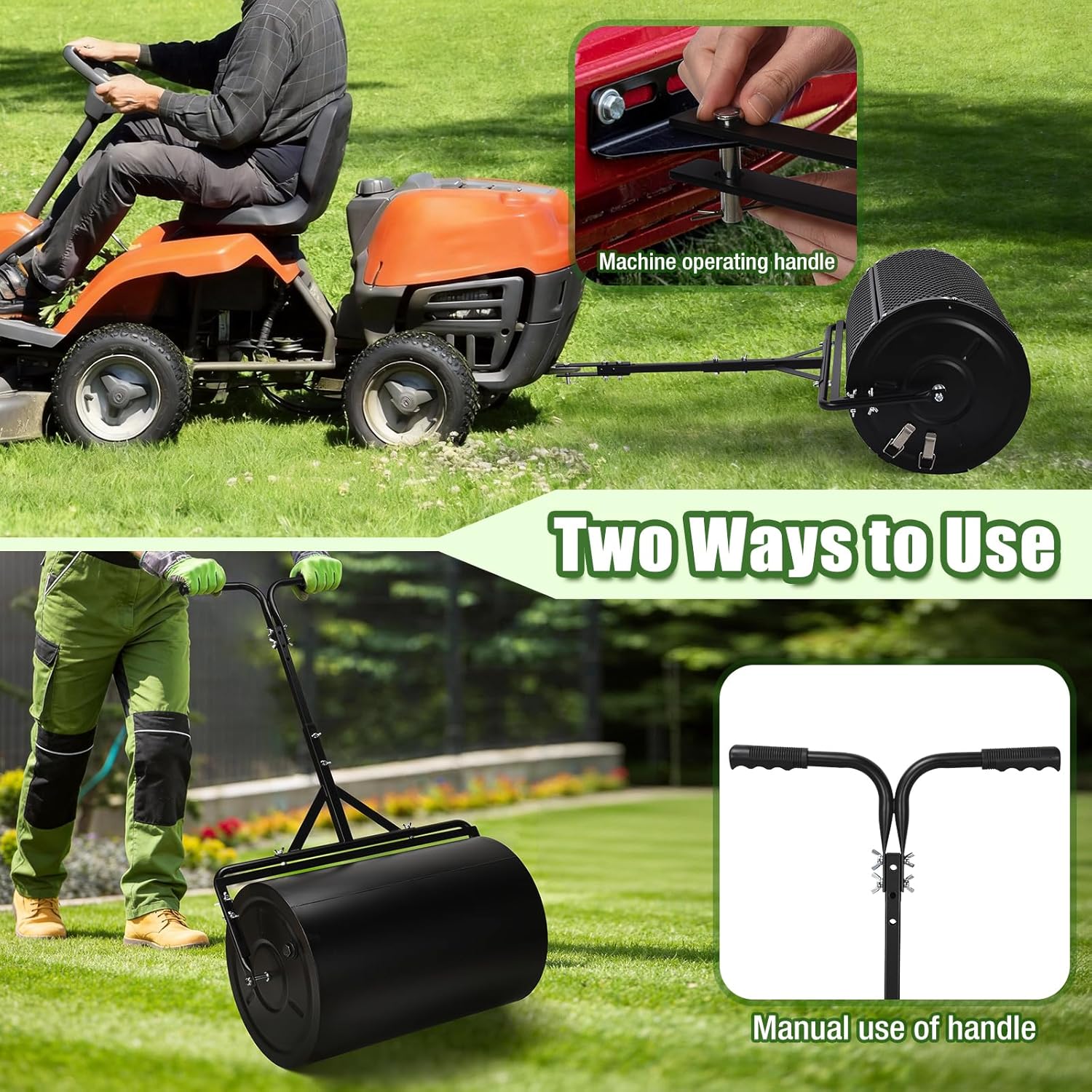 GADFISH 24 Inch Compost Spreader & Lawn Roller, Featuring One Mesh Roller and One 23 Gallon Hollow Roller, Push & Tow Design, Suitable for Lawn Maintenance and Peat Moss Spreader