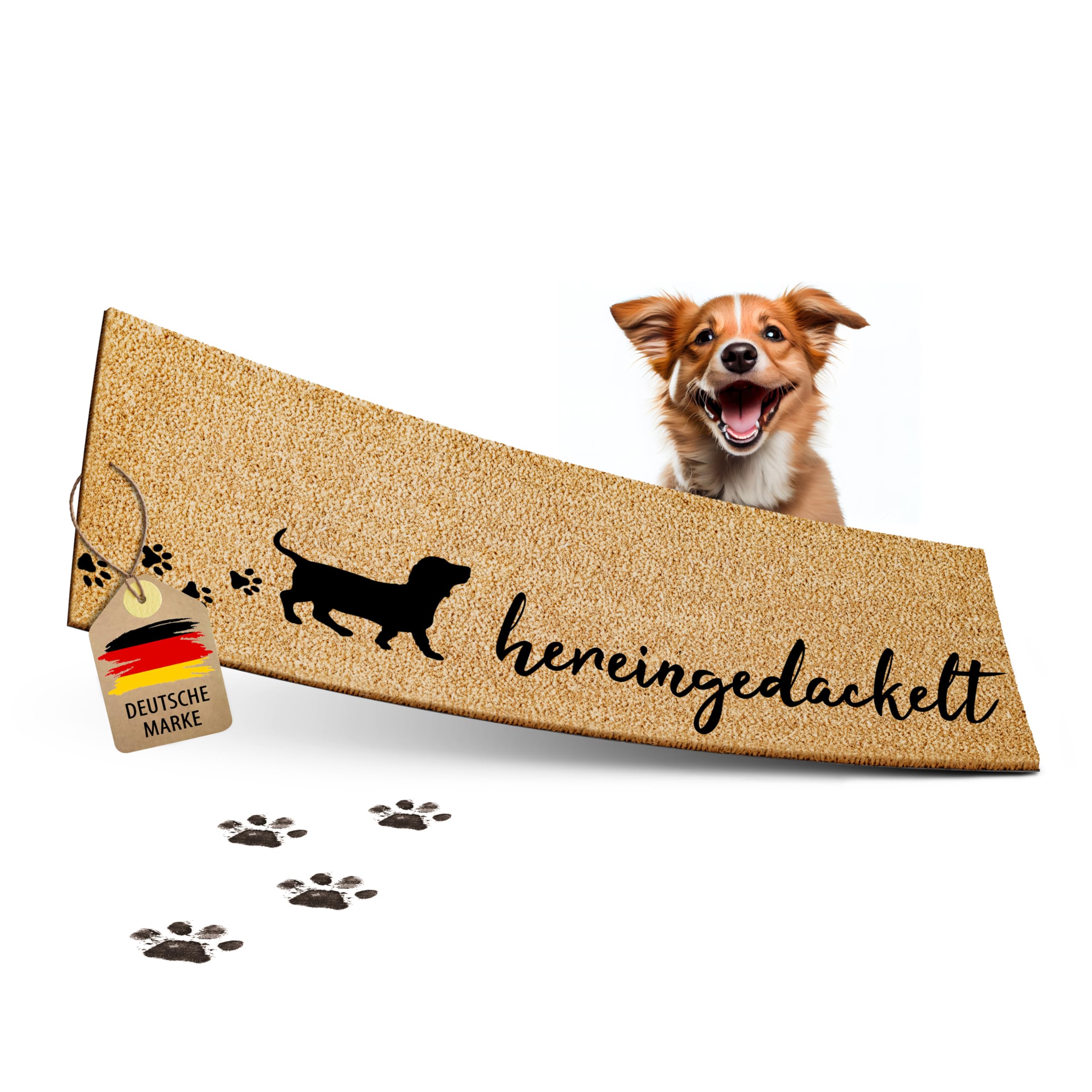ElbFuchs® Doormat Coconut Funny | 75 x 25 cm | Dachshund (Extra Durable & Non-Slip) | Coconut Mat for Outdoor and Indoor Use | Doormat for Front Door