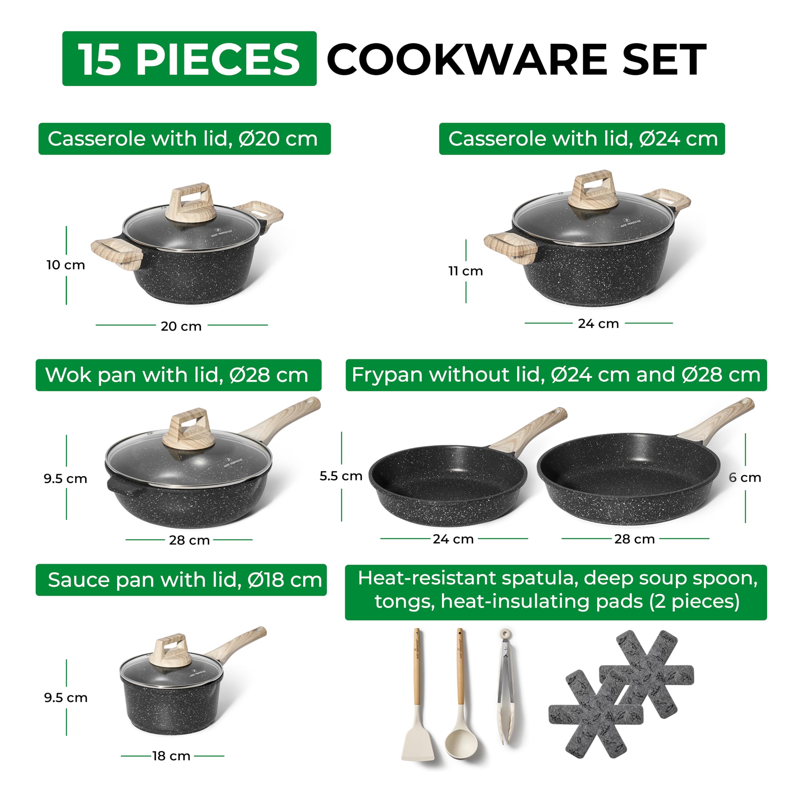 Just Perfect Kitchen Pot & Patelni Set Non-Stick 21 Pieces, Nieprzywierająca bateria kuchenna Aluminium, do wszystkich kuchenek, nawet indukcyjnych, garnków kuchennych z pokrywkami