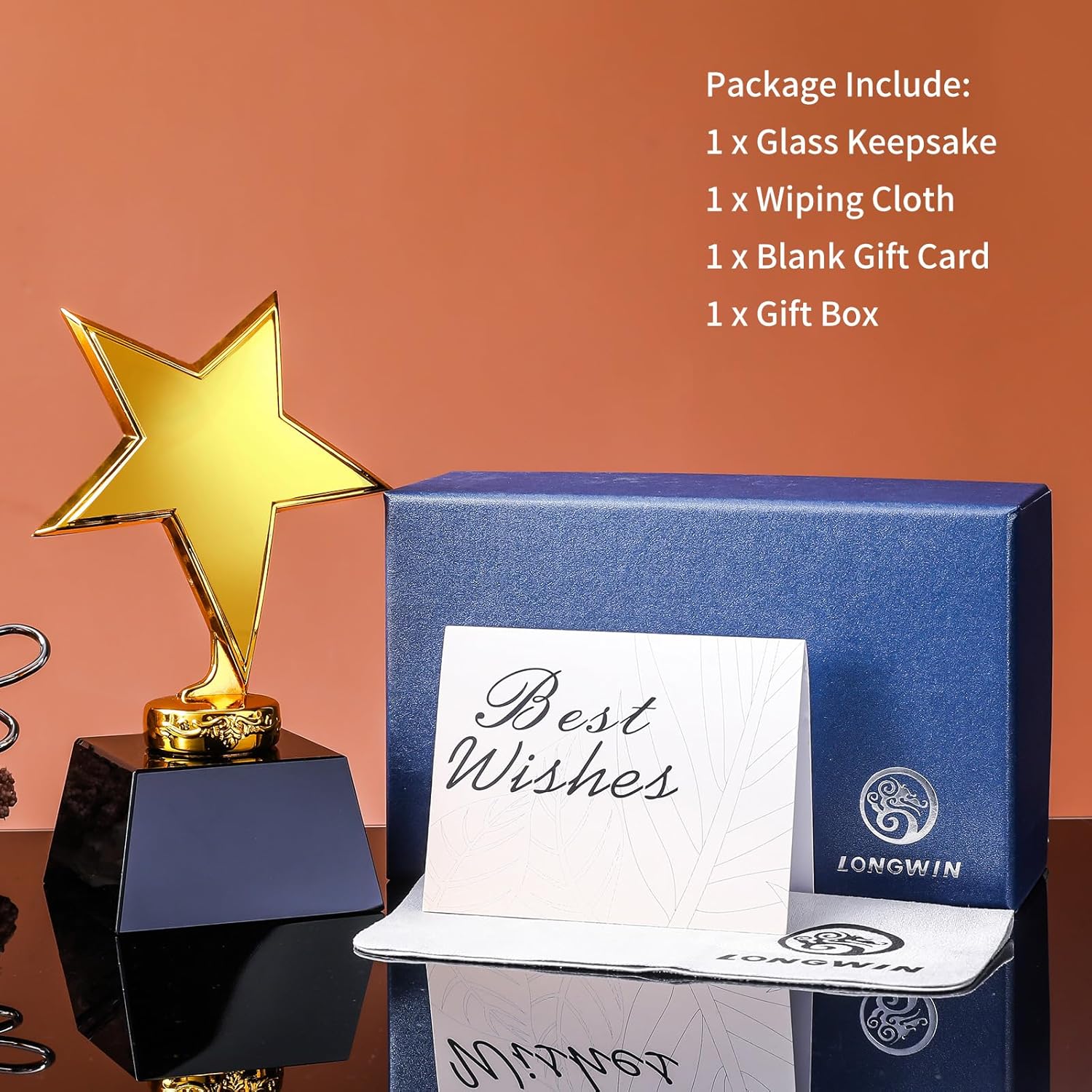 LONGWIN Bundle of 2pcs Crystal Gold Star Trophy Include 1pc Blank One and 1pc Engraved Employee of The Month