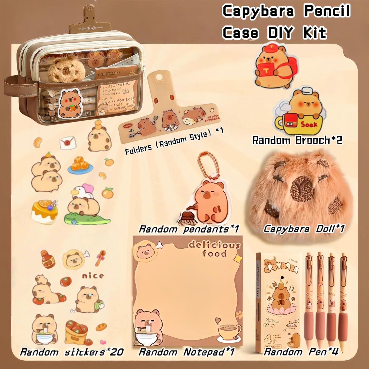 Kawaii Capybara Pencil Case Kit with Plush +Notepad+Pendant+Stickers+Binder clips+Diary Clip+Pens, 5-Layer Large Capacity Capybara Stationery Set Gifts for Office, Makeup. (Brown) image 2