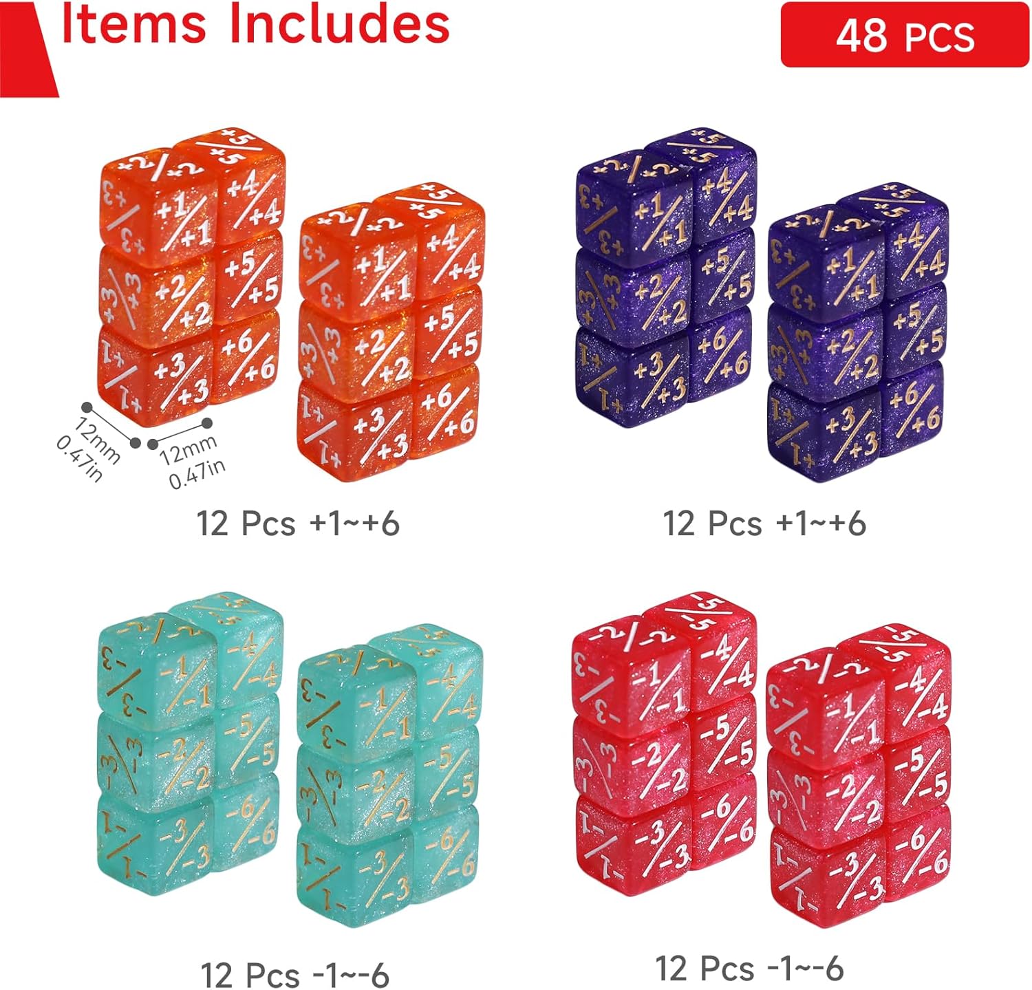 SIXPOINTS 48Pcs 12mm MTG Counter Dice Plus 1 Life Counters +1/+1 Tokens 4 Color 6 Sided Dice Set with Case for Magic The Gathering, MTG, TCG, Card Games Accessories (Purple &Pink &Orange &Blue)