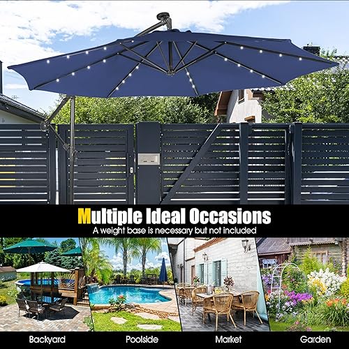 Miniatura 9 de Tangkula Sombrilla voladiza de 10 pies con 32 luces LED alimentadas por energía solar, sistema de inclinación funcional y mecanismo de manivela de