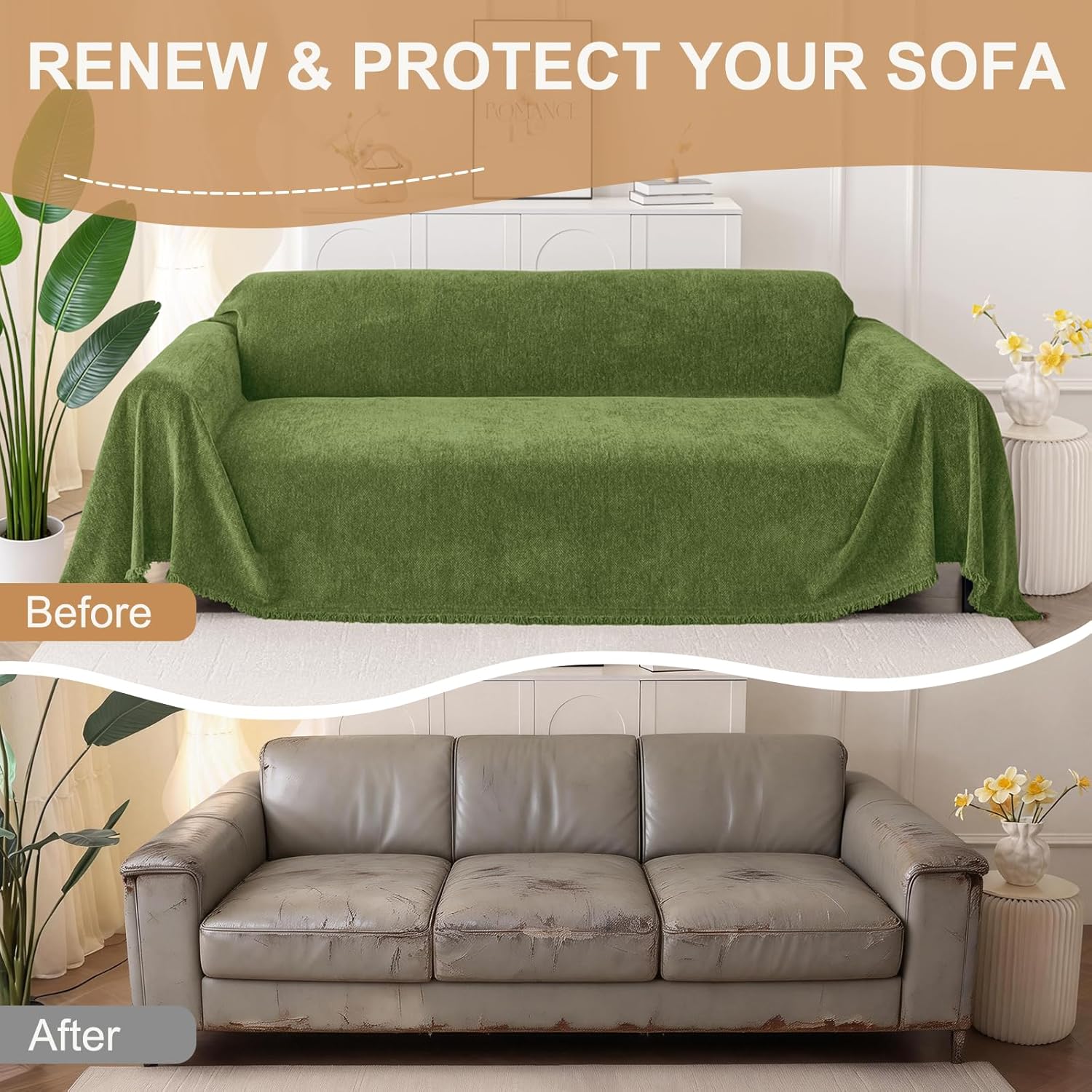 Smiry Couch Cover for Dogs, Washable Chenille Sofa Covers for 3 Cushion Couch, Soft Sofa Slipcover for Pets, Thick Sectional Furniture Protector with Tassels (Green, 71x102 Inch)
