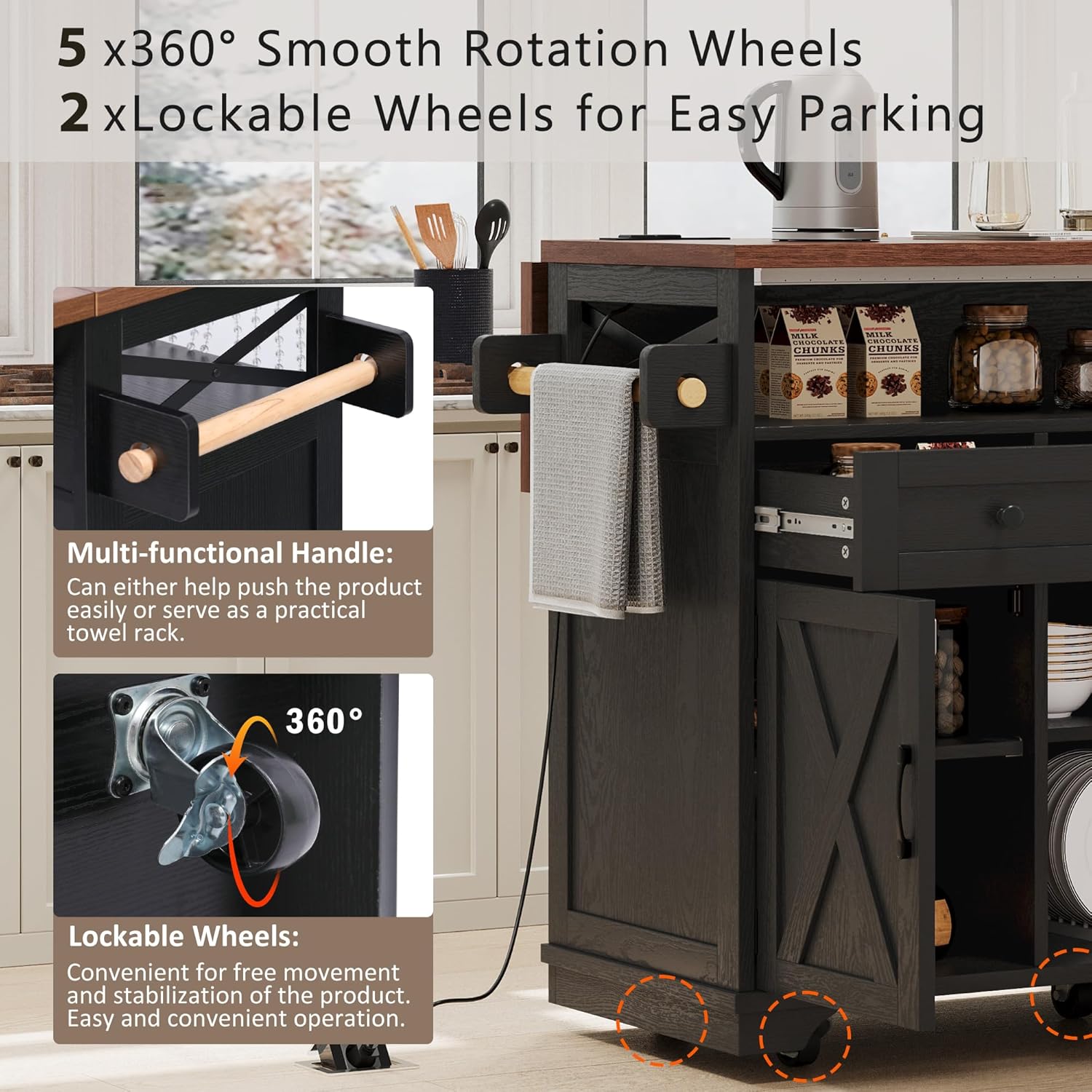 Farmhouse Kitchen Island Cart 46.5 Inch, Mobile Storage Cart with Drop Leaf & Power Outlet, 3 Doors + 3 Drawers, Beadboard Design, Rolling Wheels for Small Kitchen, Dining Room (Black)