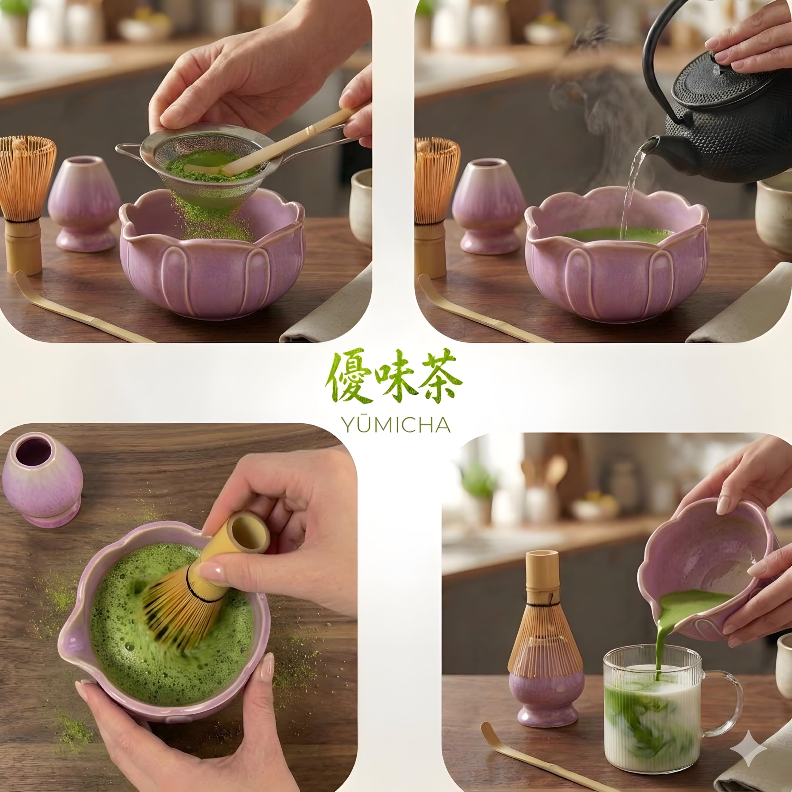 Set Matcha mit Bambusbesen, Keramikschale & Sieb – Matcha Tee Starter Set inkl. Löffel, ideal als Geschenk – Premium Matcha Kit