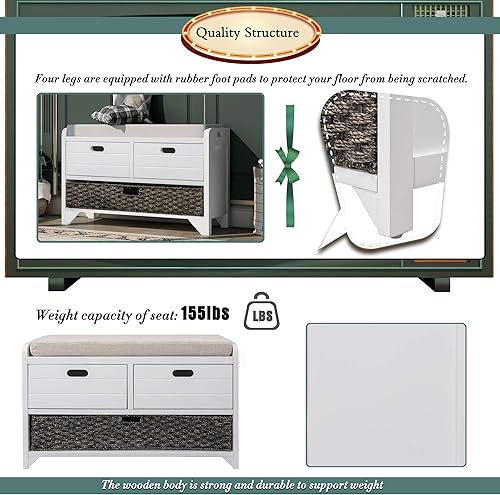 Miniatura 21 de Merax Moderno banco de almacenamiento de madera con 2 cajones y 1 cesta de ratán para sala de estar, cama, entrada, natural