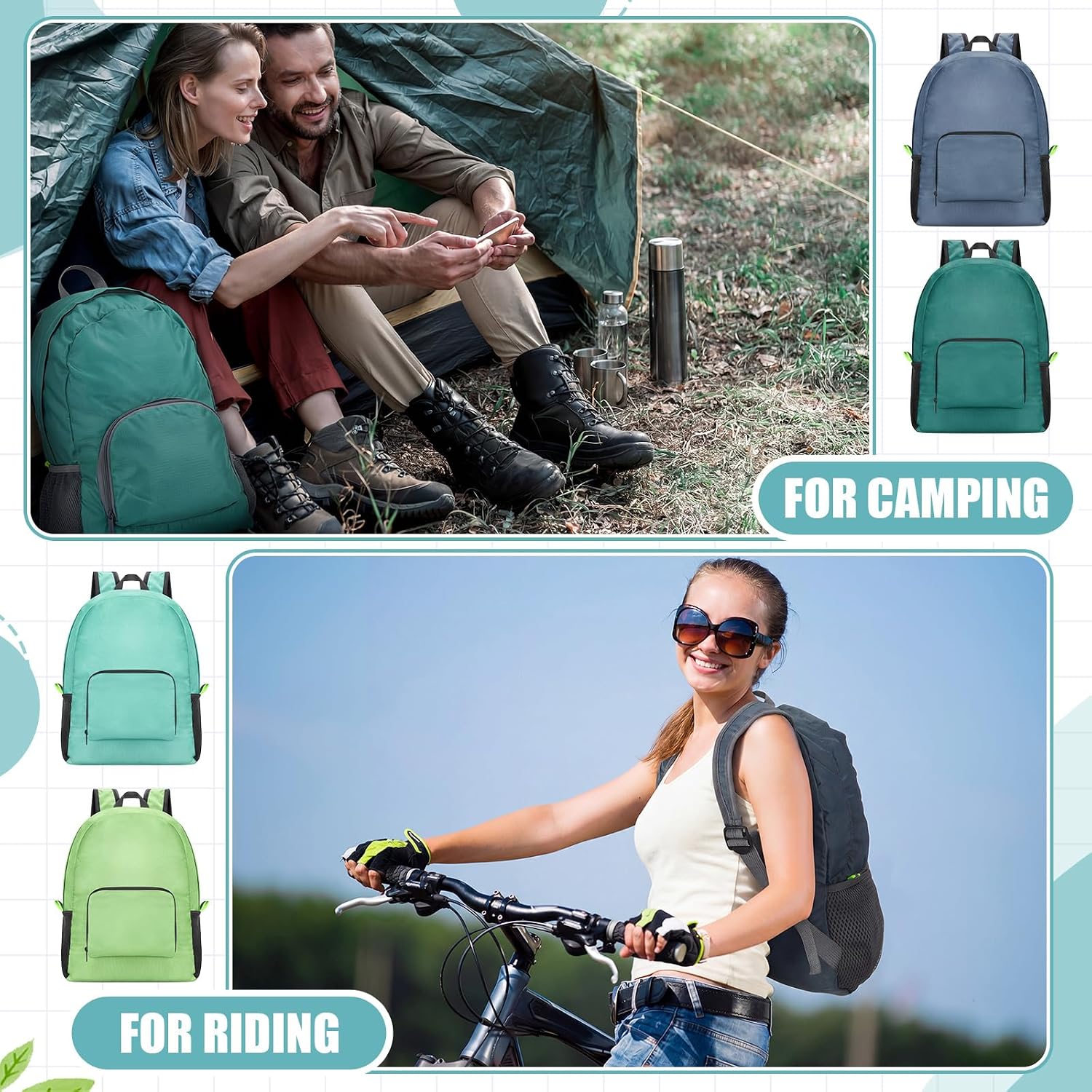 Sherr 20 Pack Foldable Backpacks Lightweight Backpack Bulk Adults Bag Classic Mix Colors Bag Outdoor Travel Donation Supplies(Green Series)