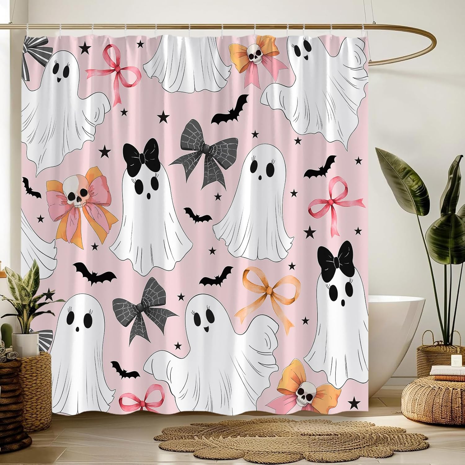 Halloween Cute Ghost Shower Curtain Bowknot Bat Cartoon Spooky Skeleton Star Bows Gothic Funny Scary Festival,Pink 70" Wx84 H Fabric Bathroom Decor Curtain with Hooks