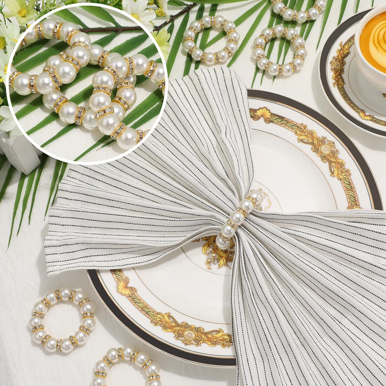 Tanlade 50 Pcs Wedding Pearl Napkin Rings Imitation Pearl Beaded Napkin Rings Holder Silver White and Gold Elastic Dinner Table Decor Rhinestone Serviette Rings for Table Party Decorations