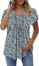 CHICZONE Women's V Neck Pleated Tunic Tops Button Down Blouses Short Sleeve Shirts for Leggings