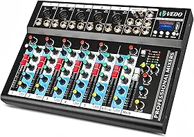 VEDO Mixer de Áudio Profissional 7 Canais VDA107L com Bluetooth, Entrada USB, Efeitos Digitais, Phantom Power +48V para Podcast, DJ, Gravação e Transmissão Ao Vivo - Mesa de Som Compacta 127/220V