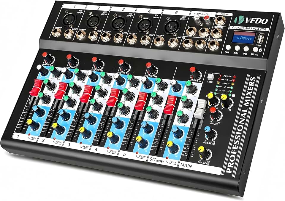 VEDO Mixer de Áudio Profissional 7 Canais VDA107L com Bluetooth, Entrada USB, Efeitos Digitais, Phantom Power +48V para Podcast, DJ, Gravação e Transmissão Ao Vivo - Mesa de Som Compacta 127/220V