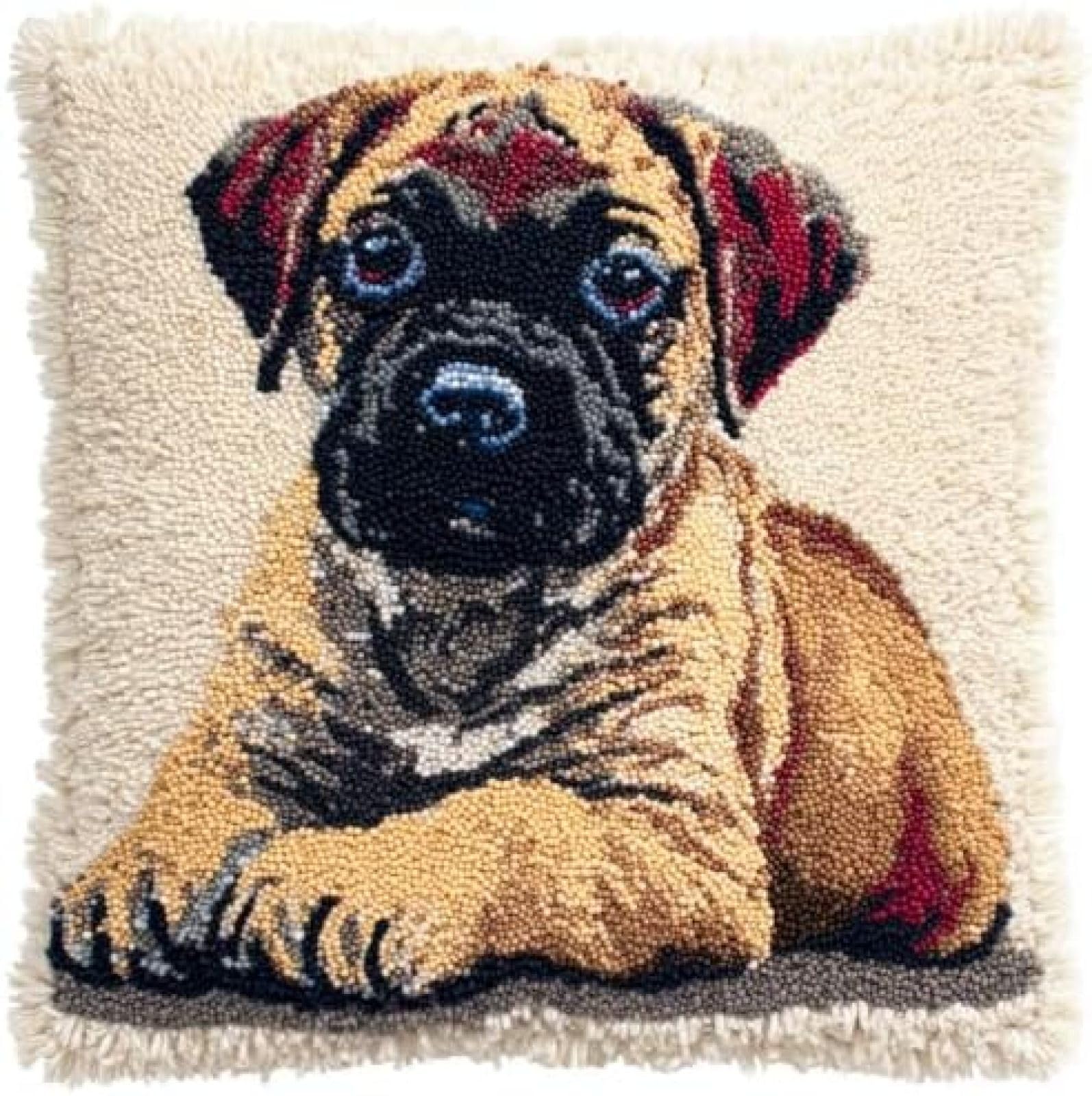 kitphoenix Beginner Latch Hook Kit Adults,Bullmastiff Dog and Bone,DIY Cushion Cover Punch Needle Embroidery Kit,Pre-Printed 43x43cm Canvas,Complete Set with Yarns & Hooks