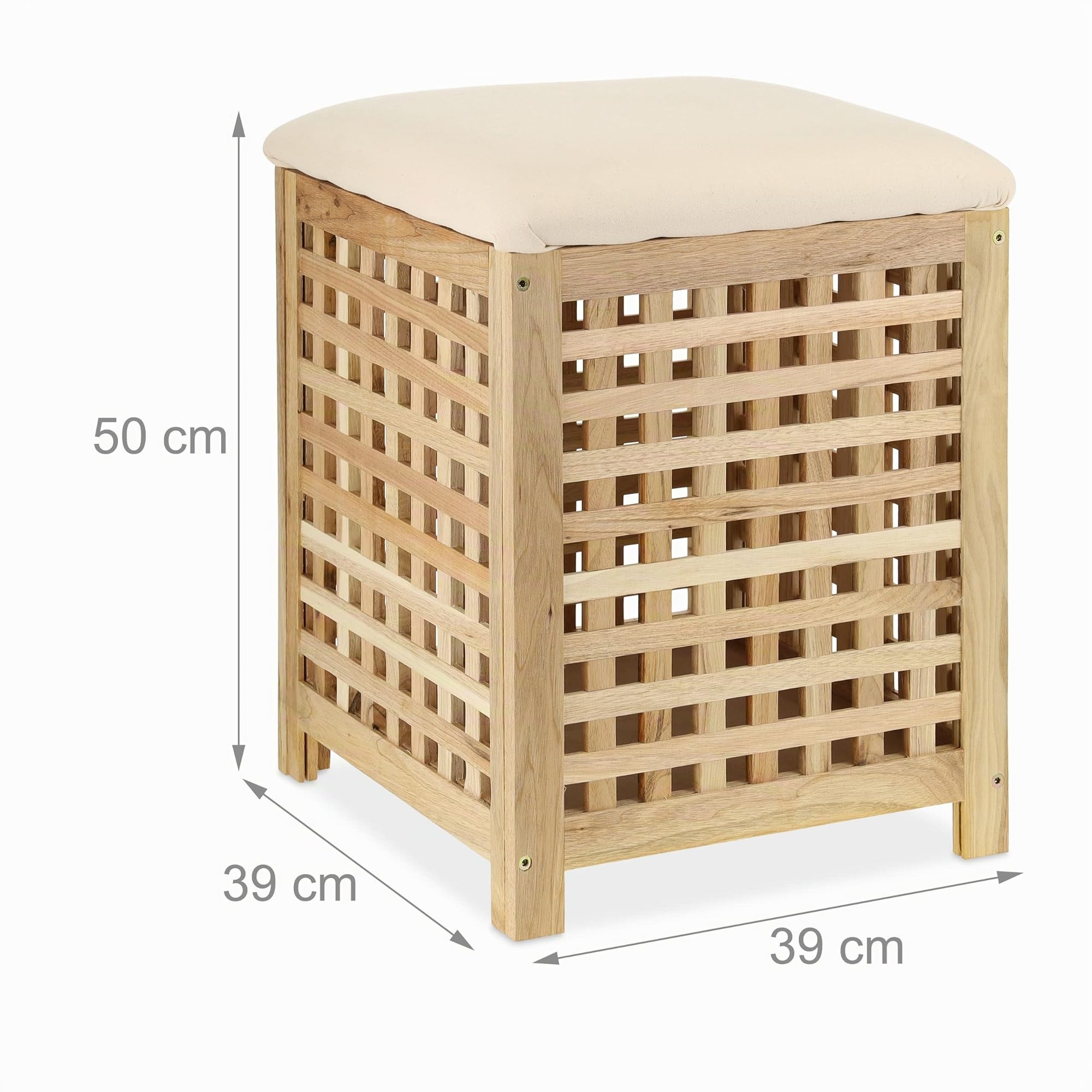 Relaxdays Pouf Portabiancheria, Sgabello Contenitore in Legno di Noce, Bagno, HLP: 50x39x39 cm, 45 l, Marrone Naturale