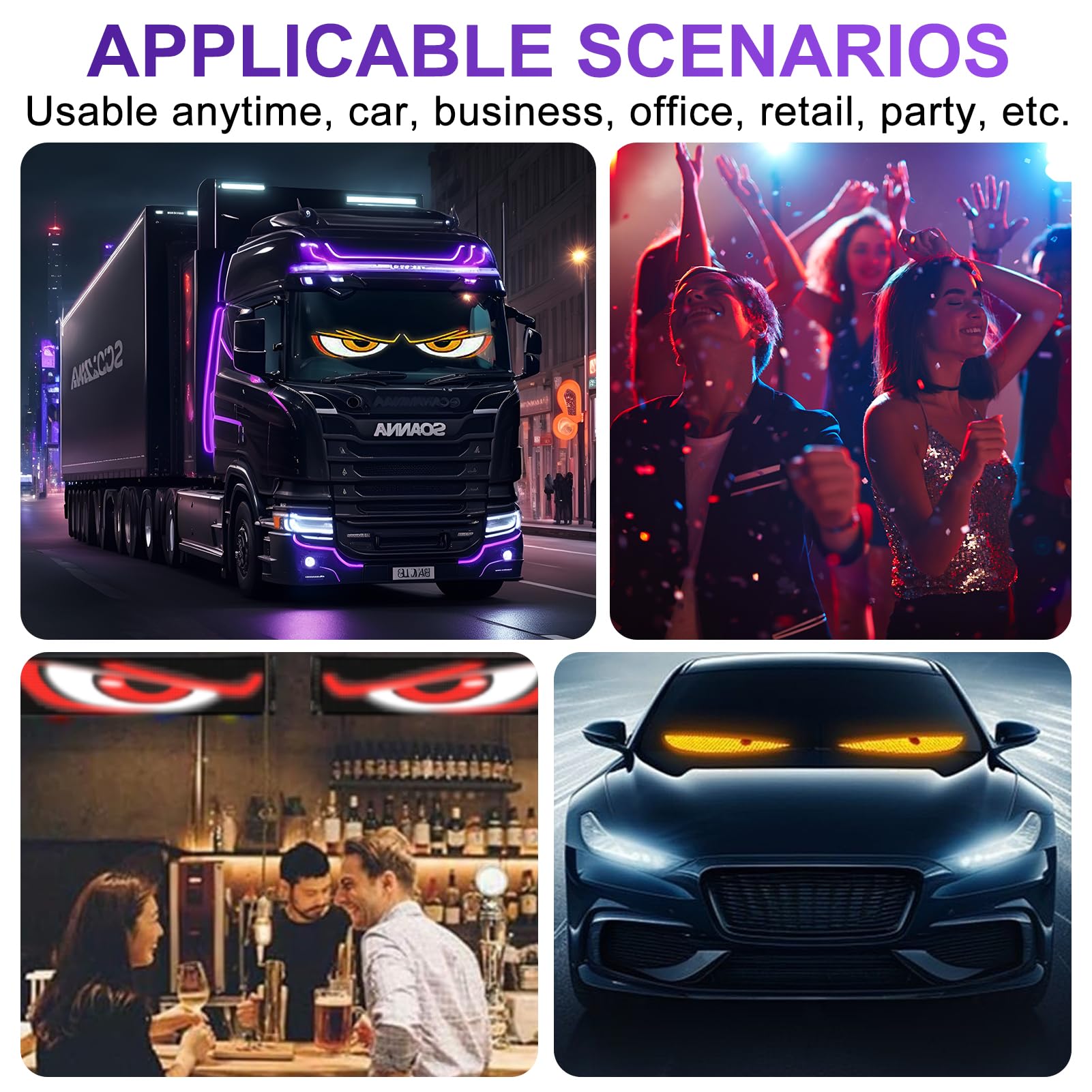 2er Devil Eyes LED Augen für Auto & LKW, 70mm*170mm, Programmierbare Flexible LED-Panel, Wasserdicht IP65, Fernbedienung & Bluetooth APP, Geeignet für Autos, LKWs, Party, Billboard