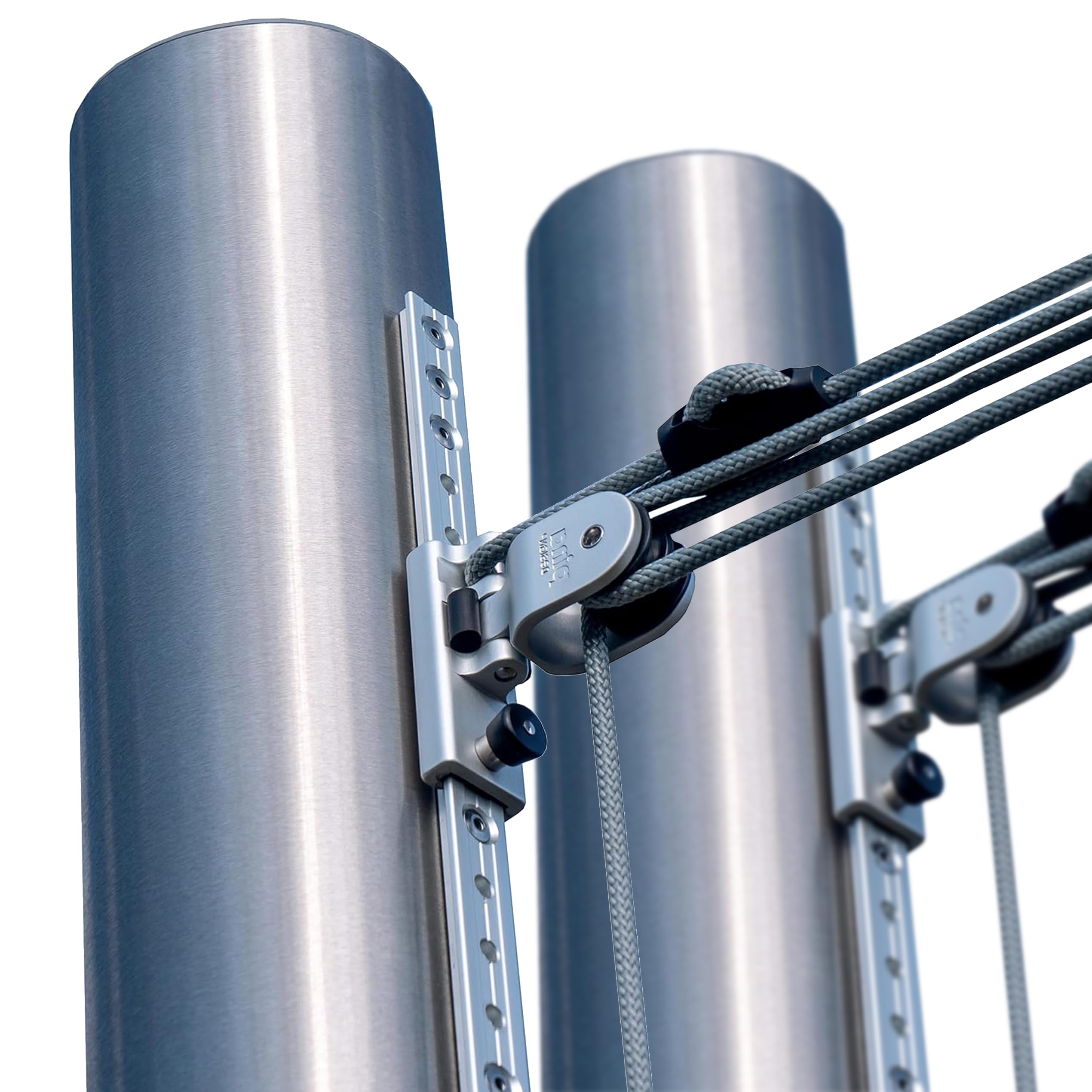 Sonnensegelpfosten Ø101,6mm, 3m, höhenverstellbar, V2A Edelstahl (2er-Set) | Inkl. 4-fach-Flaschenzug-Set, 75cm Bodenhülse, 150cm Gleitschiene, Sicherheitsklemme: Befestigung für sehr große Segel