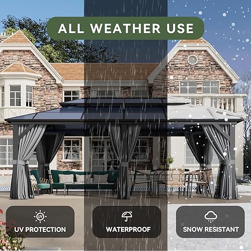 Vista 131 de Aoxun - Gazebo con techo rígido para jardines, patios con cemento o césped, pabellón permanente de policarbonato con doble techo, marco de aluminio