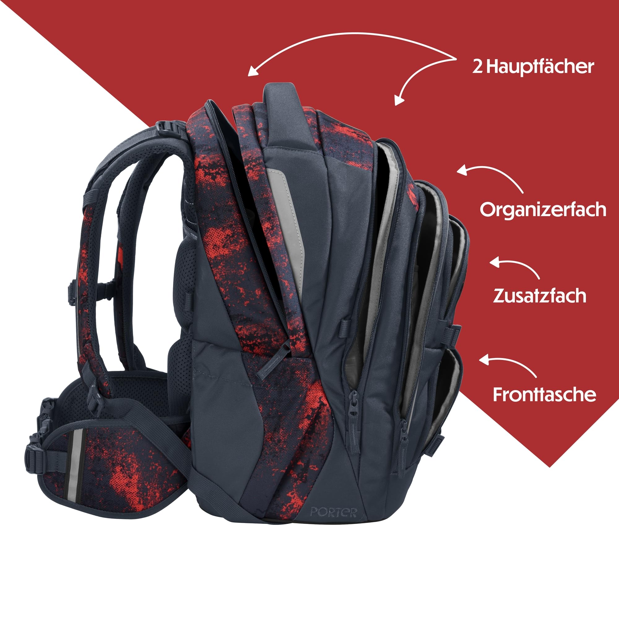 coocazoo Porter Schulrucksack „Broken Black”, schwarz-rot, ergonomischer & anpassbarer Tornister, höhen- & größenverstellbar, mit Brustgurt & Hüftgurt, ab der 3. Klasse