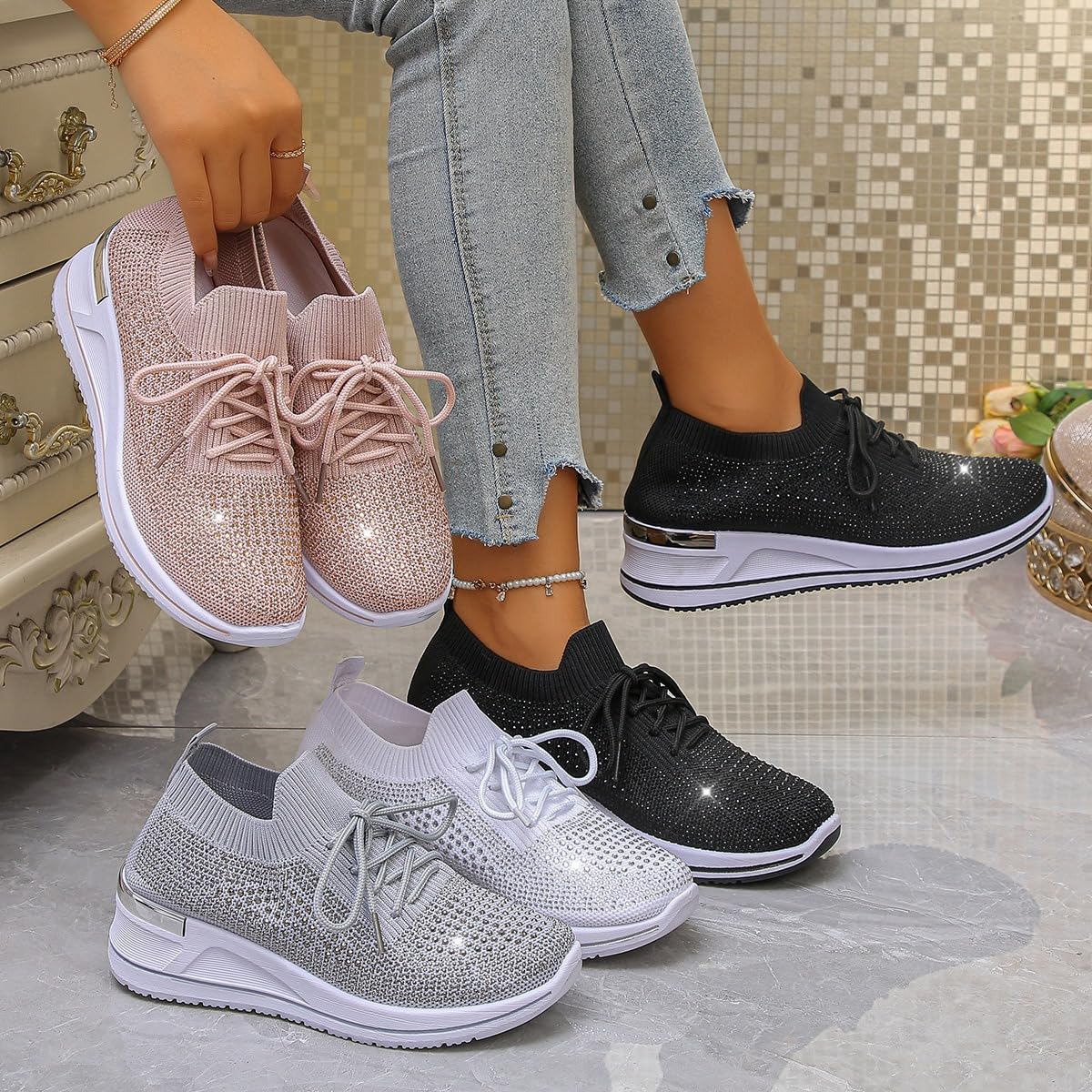 Scarpe da ginnastica da donna con zeppa e strass, alla moda, traspiranti, con strass, senza lacci, ortopediche, zeppa, scarpe da ginnastica scintillanti