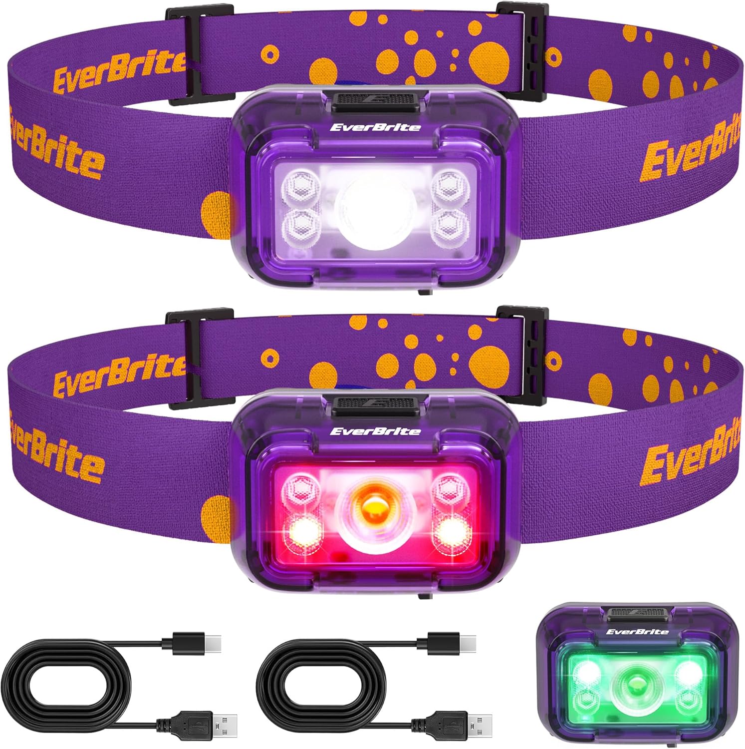 EverBrite Rechargeable Headlamp, 2 Pack Kids & Adult Headlamp with White/Red/Green Light, Memory Function, 120° Adjustable, IP54 Waterproof Head Lamp for Camping, Running & Emergencies, Gift Choice