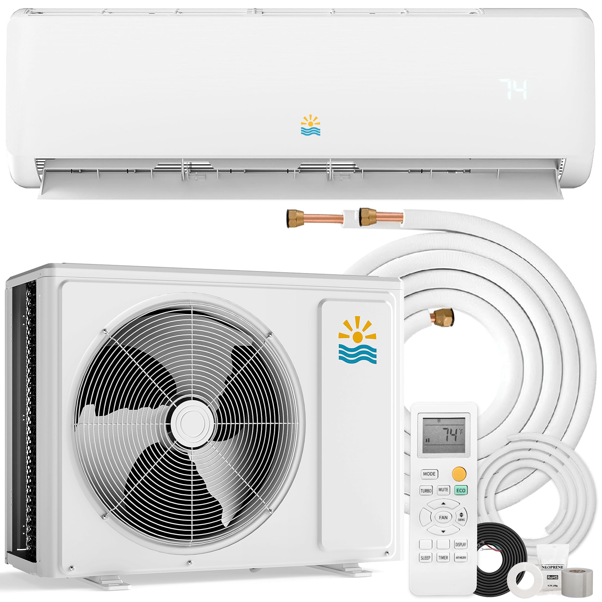 Mini Split Ac/Heating System - 18000 BTU Wall Mounted Mini Split Air Conditioner with Heat Pump, 19 SEER2 230V Energy Efficient Ductless Ac Unit Up to 1250 Sq (18000BTU, 230V, 19 SEER2)