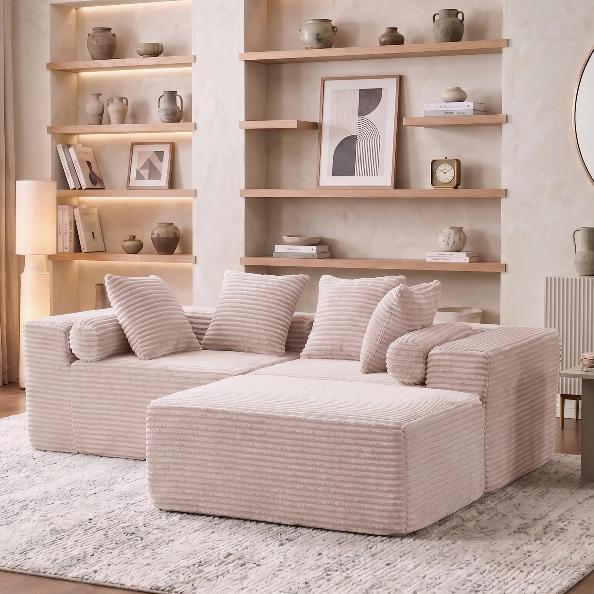 Canapé d'angle modulaire en forme de L, canapé avec chaise XXL, canapé-lit de salon, pas de montage, housse en chenille beige