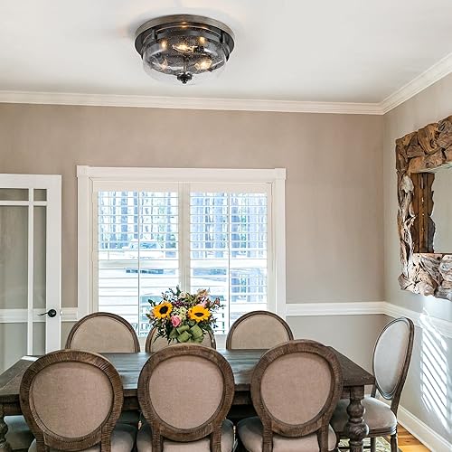 Miniatura 4 de Lámpara de techo de montaje empotrado, lámparas de techo con acabado de madera sintética y cubierta de vidrio sembrado, 13.5 pulgadas de ancho x 6.5