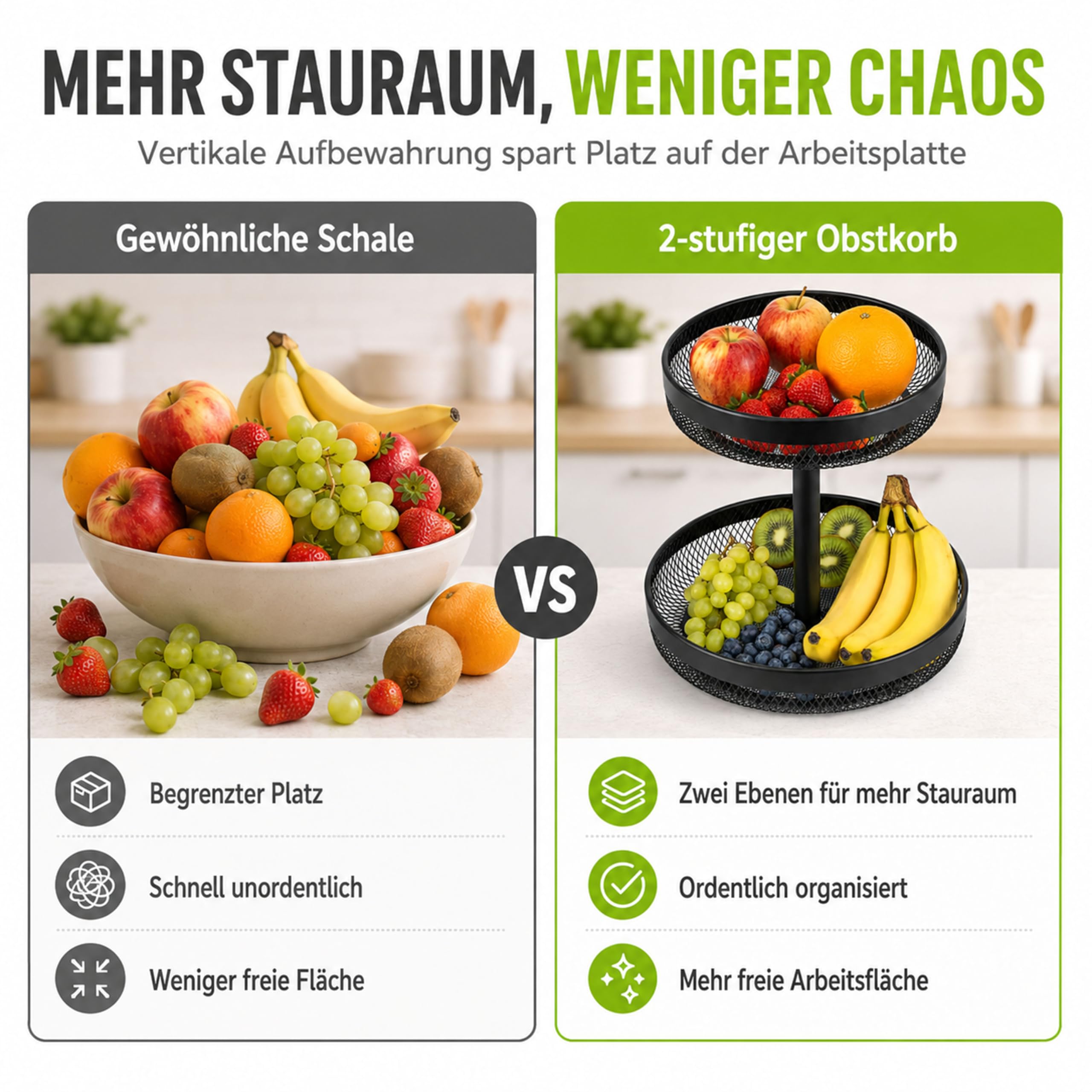 URMONA 2-stöckiger Obstkorb, runde Obstschale aus Metall für Küche, Schwarz | Platzsparender Brotkorb und Snack Organizer für Obst, Gemüse und Gebäck auf Arbeitsplatte, Esstisch oder im Wohnzimmer