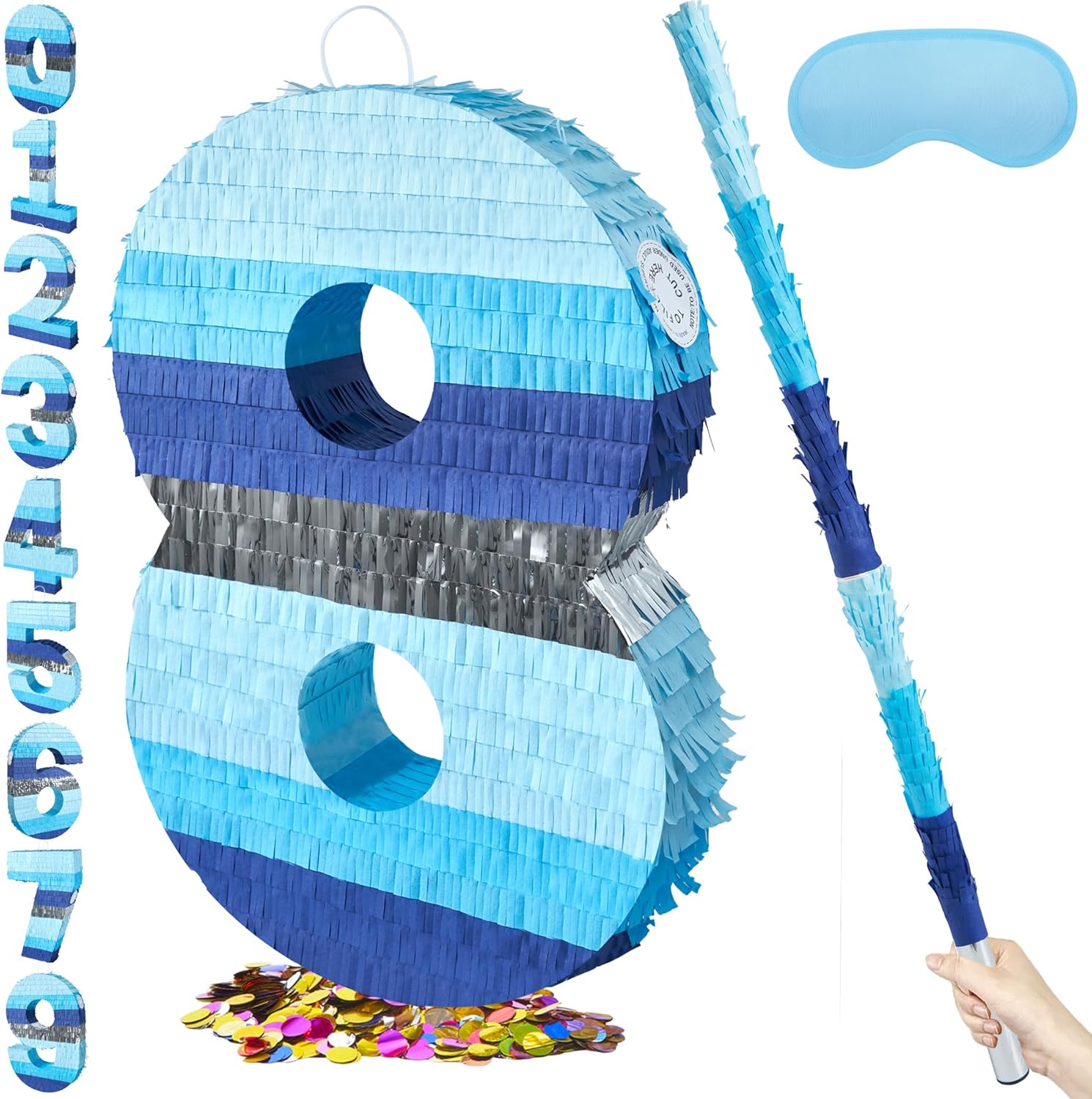 PCFING 20 Inch Number 8 Piñata Blue Silver with 30 Inch Piñata Stick Blindfold Confetti for Boys Girls Adults Birthday Party Decorations, Anniversary Celebration, Fiesta