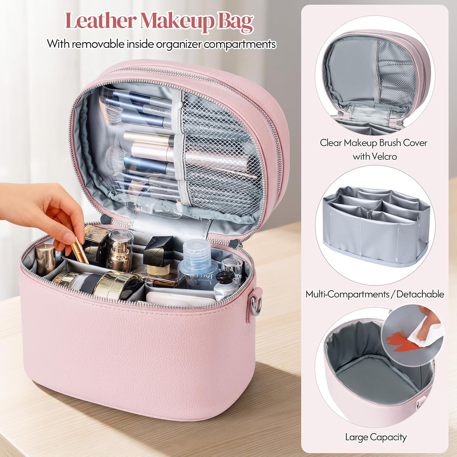 cysiyu Leather Makeup Bag Organizer Double Layer Vanity Bag Large Capacity with Compartments and Handle Travel Portable Storage Crossbody Cosmetic Jewelry Case for Women. Pink