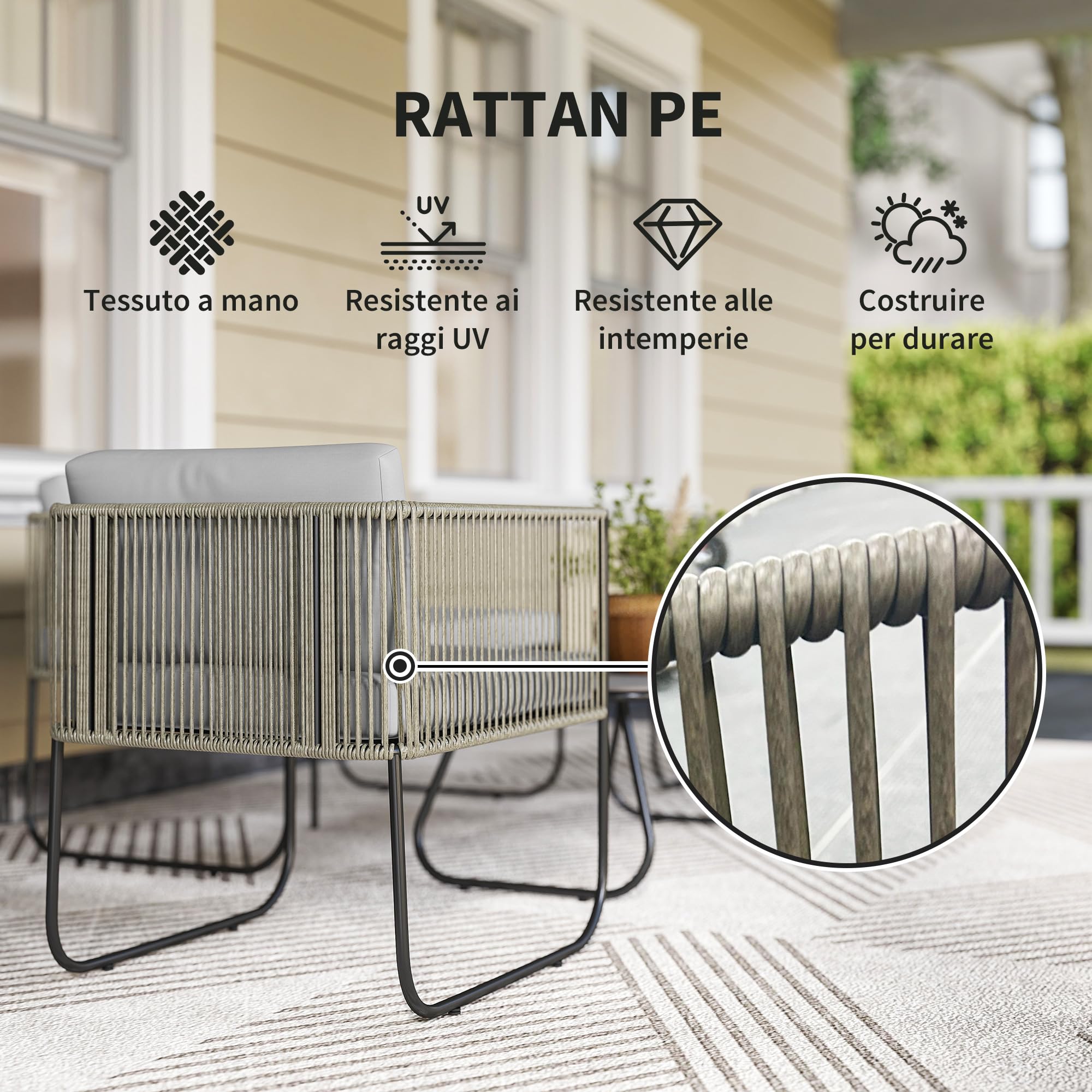 Outsunny Set di Mobili da Giardino in Rattan 4 Pezzi, Salotto da Esterno con Divanetto 2 Posti, 2 Poltrone, Tavolo da Caffè in Vetro e Cuscini Lavabili, Set Giardino Esterno in Acciaio, Grigio Chiaro