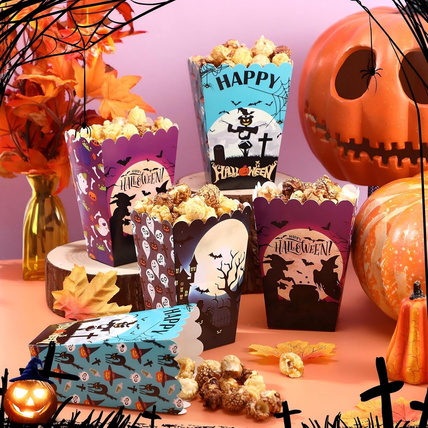 AmazingSpark 24pcs Halloween Popcorn Boxes treat Snack Boxes Popcorn Containers for Movie Night Halloween Party Pumpkin Bat Ghost Party Supplies