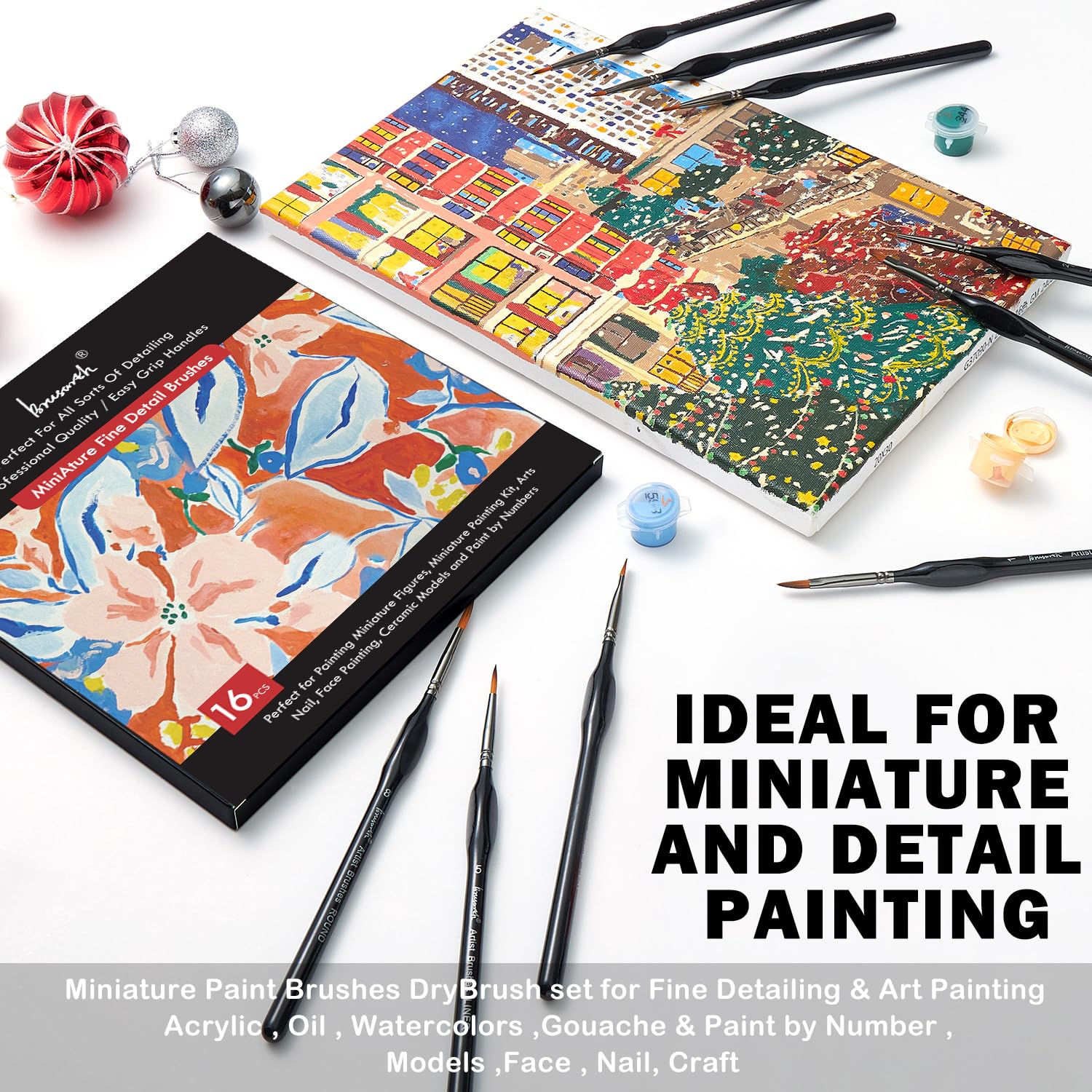 Brusarth Juego de 16 pinceles de pintura en miniatura para detalles finos, pintura artística, pincel de pintura de microdetalles para acrílicos, óleos, acuarelas, pintura por número, figurilla, 40 K